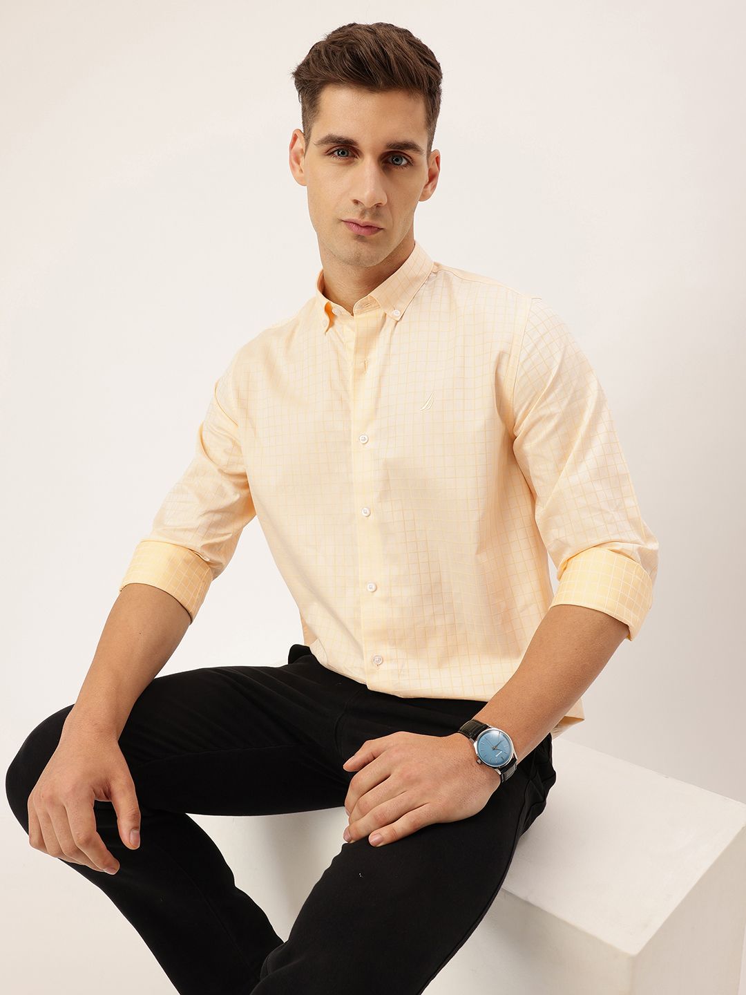 Nautica Slim Fit Checked Pure Cotton Casual Shirt