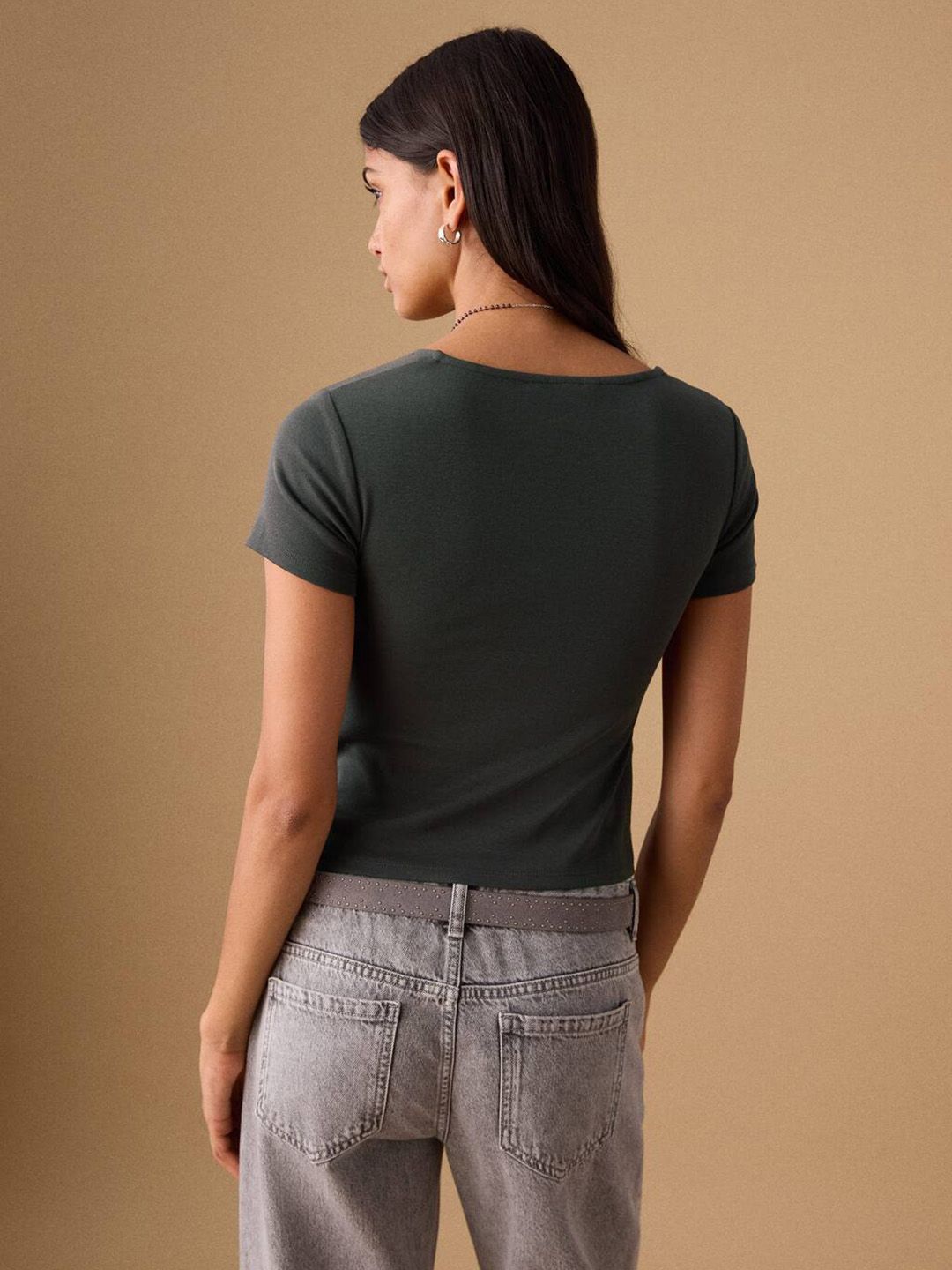 Square Neck Studded Detail Crop T-shirt