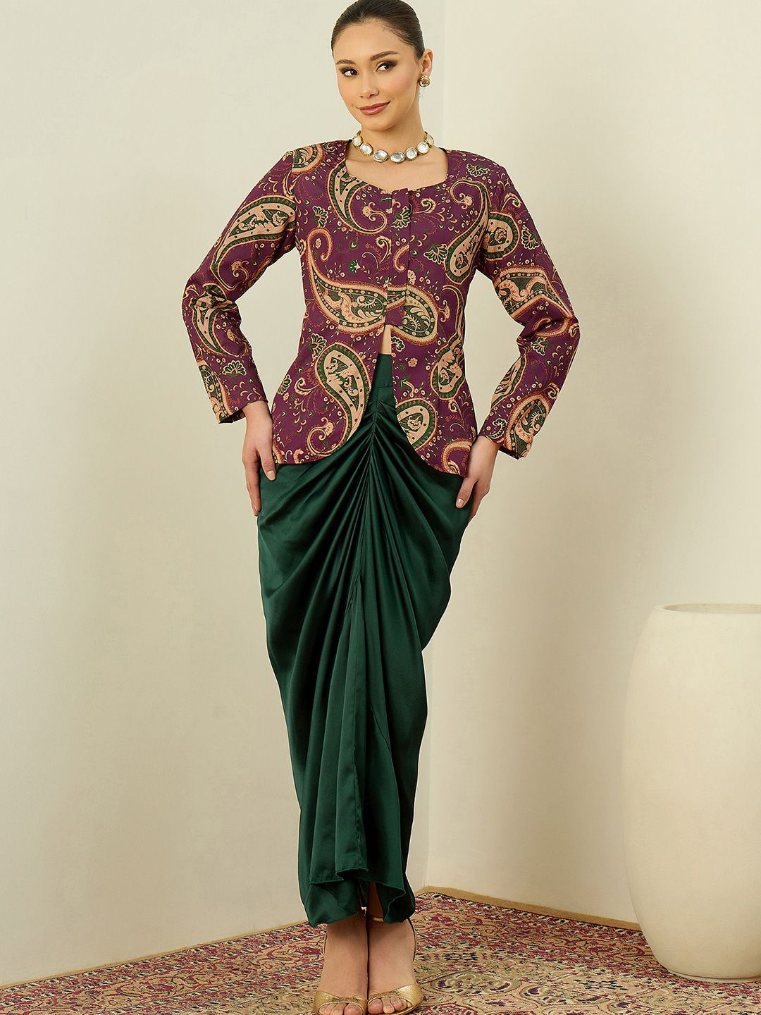Co-Ords Antheaa Printed Satin Square Neck Co-Ords