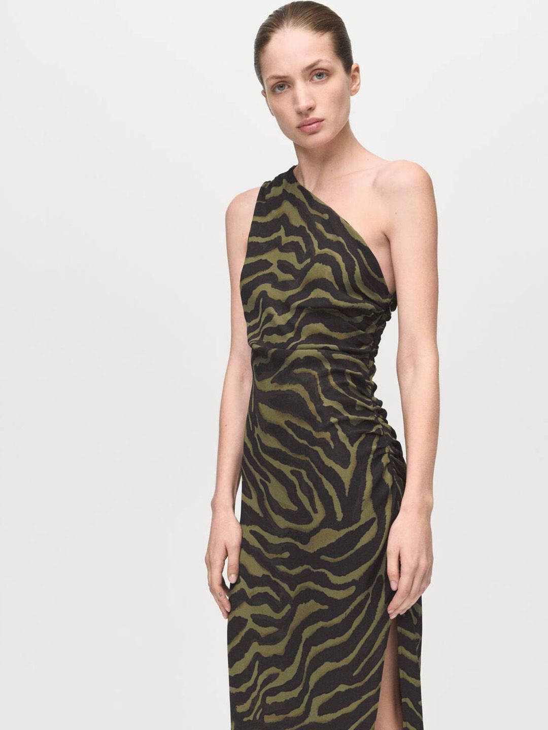 Animal Print One Shoulder Sheath Midi Dress