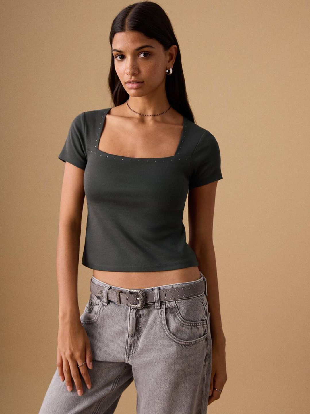 Square Neck Studded Detail Crop T-shirt