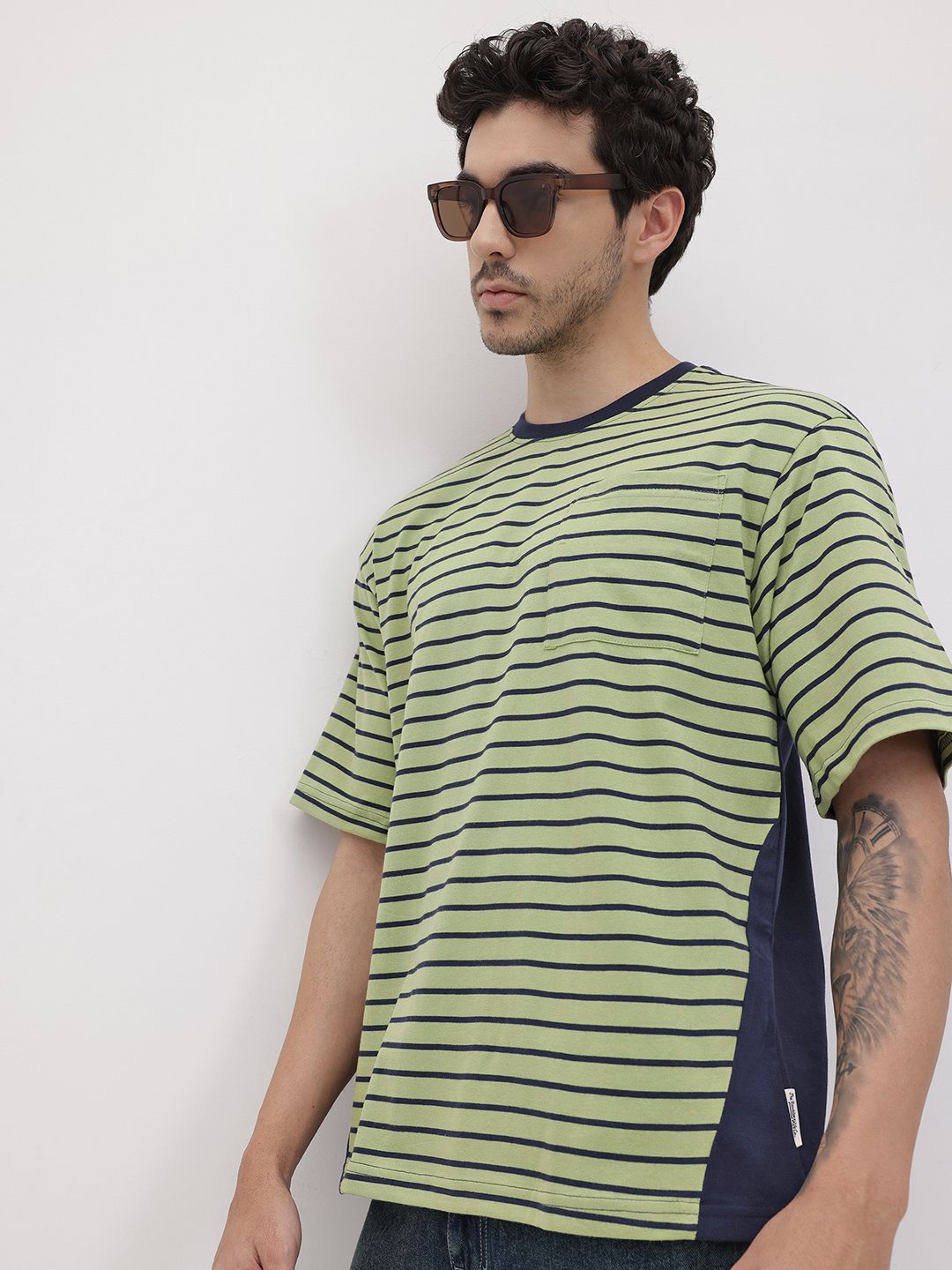 The Roadster Life Co. Striped Drop-Shoulder Sleeves Relaxed T-shirt