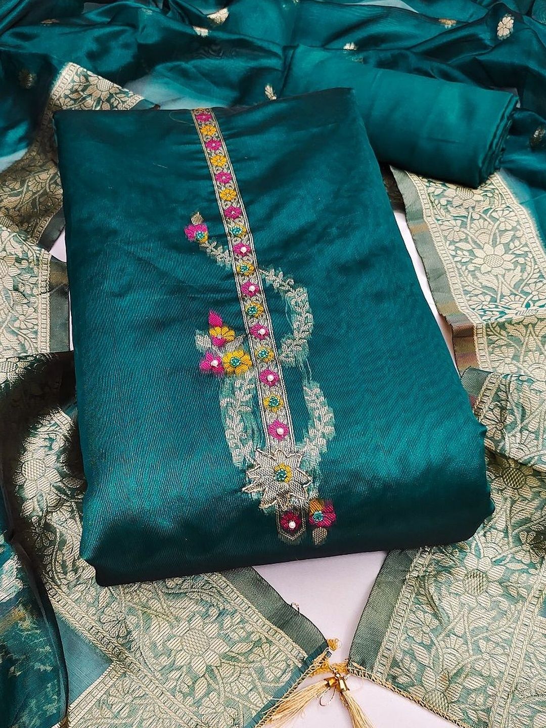 DWIJA FASHION Embroidered Art Silk Unstitched Dress Material