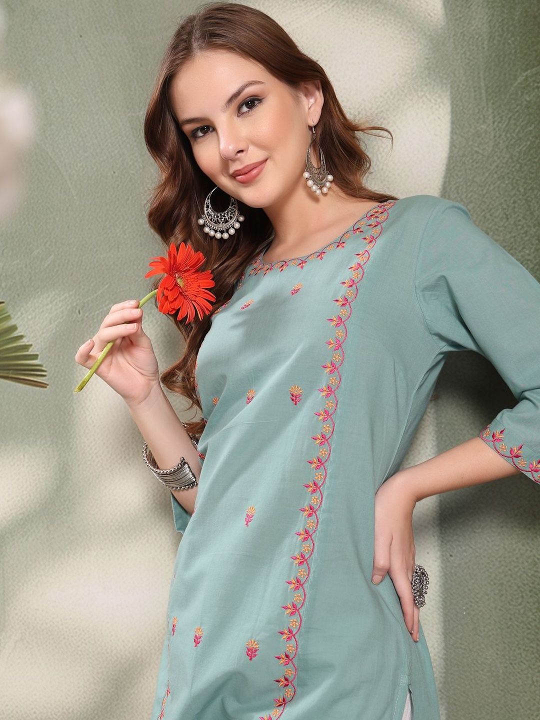 Sangria Embroidered Round Neck Calf Length Straight Kurtas