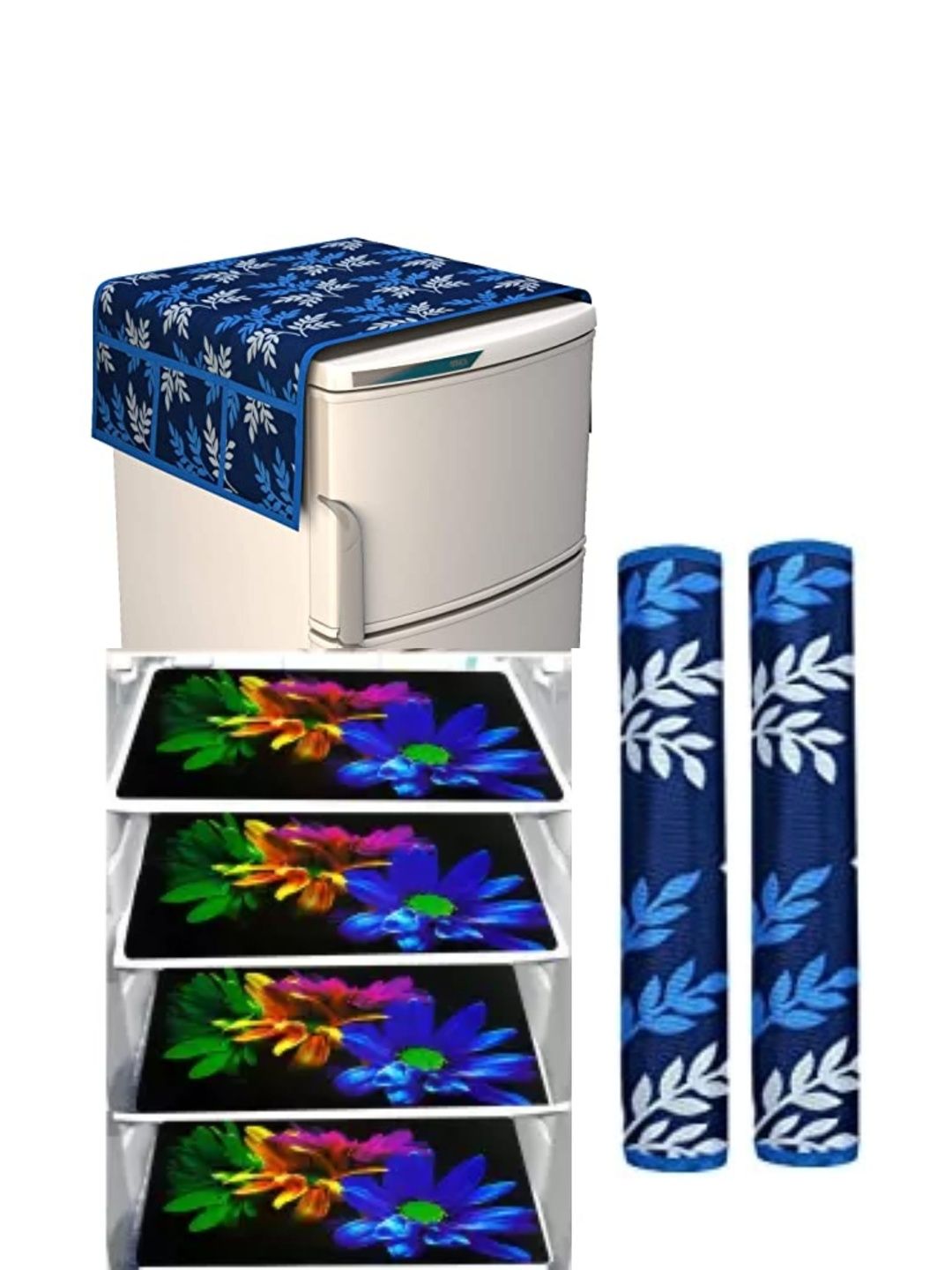 RULIT Blue & White Printed Water-Resistant 7-Pcs Fridge Top Handle Covers & Mats