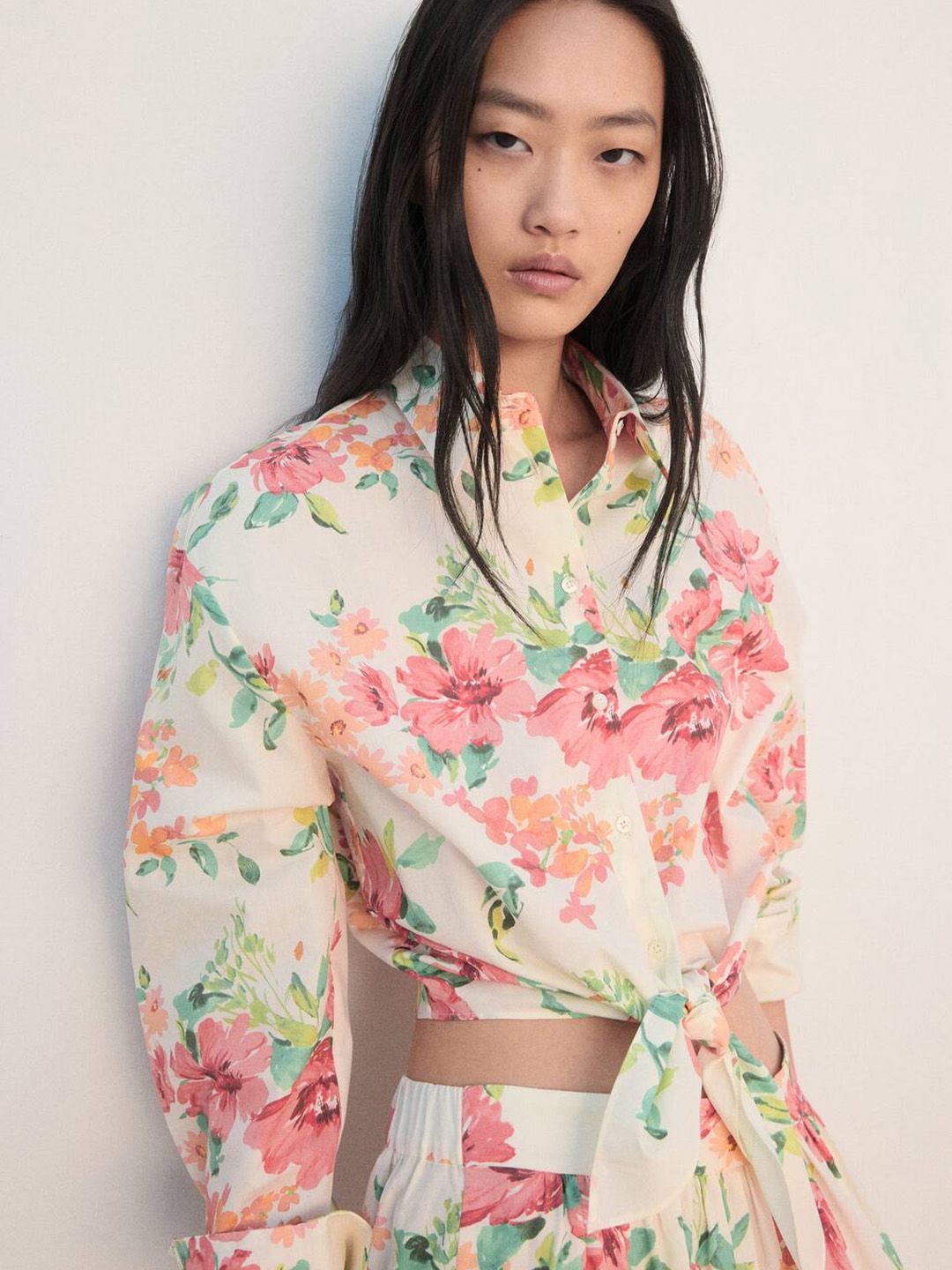 Floral Print Cotton Shirt Style Knotted Crop Top