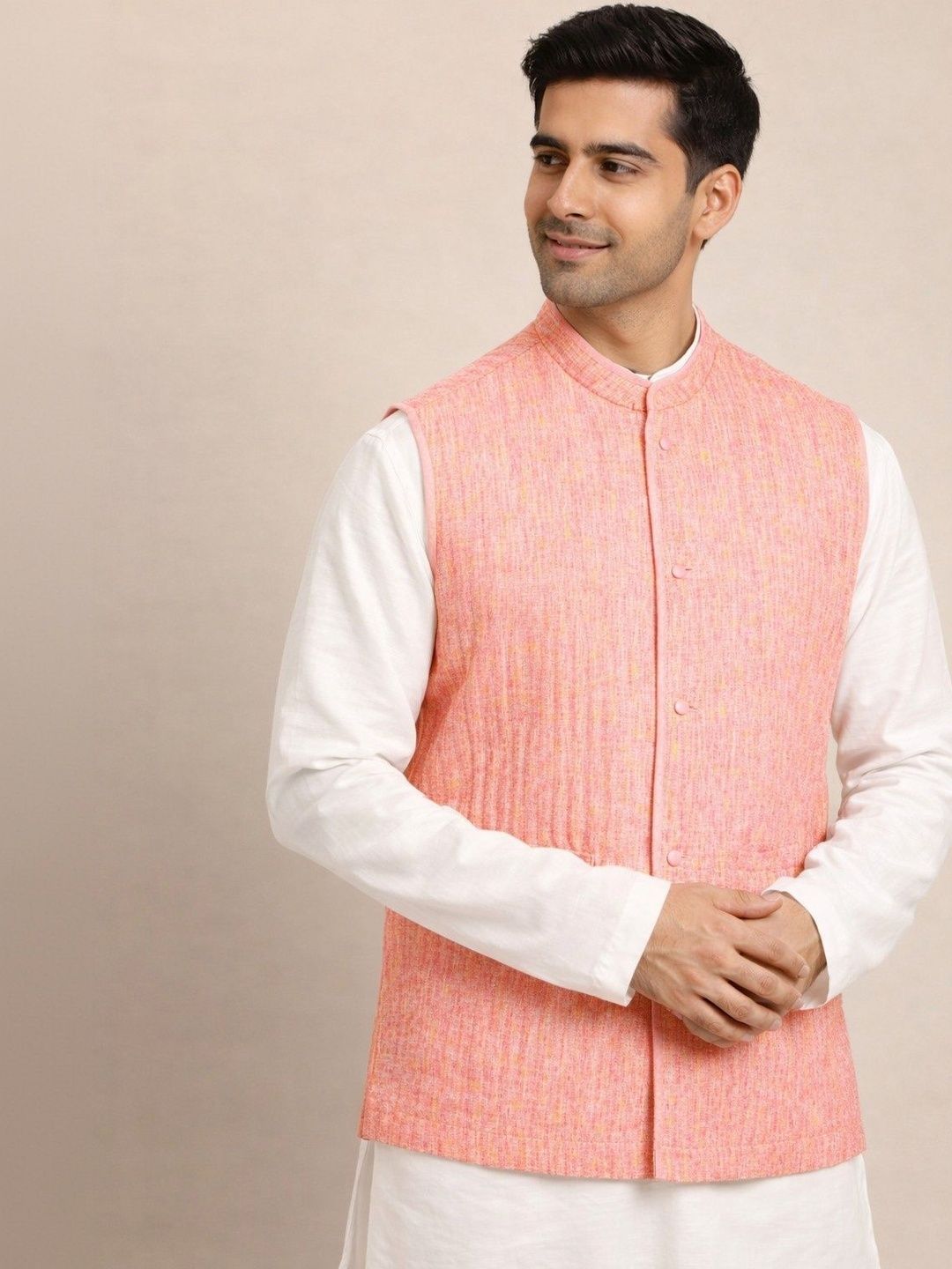 Mast & Harbour Men Peach Solid Nehru Jacket