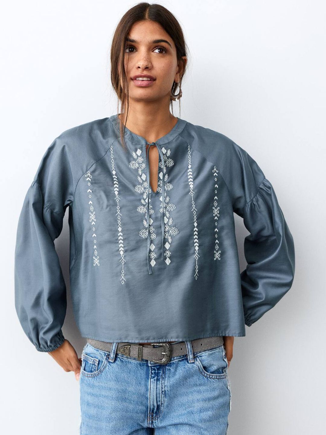 Embroidered Tie-Up Neck Top
