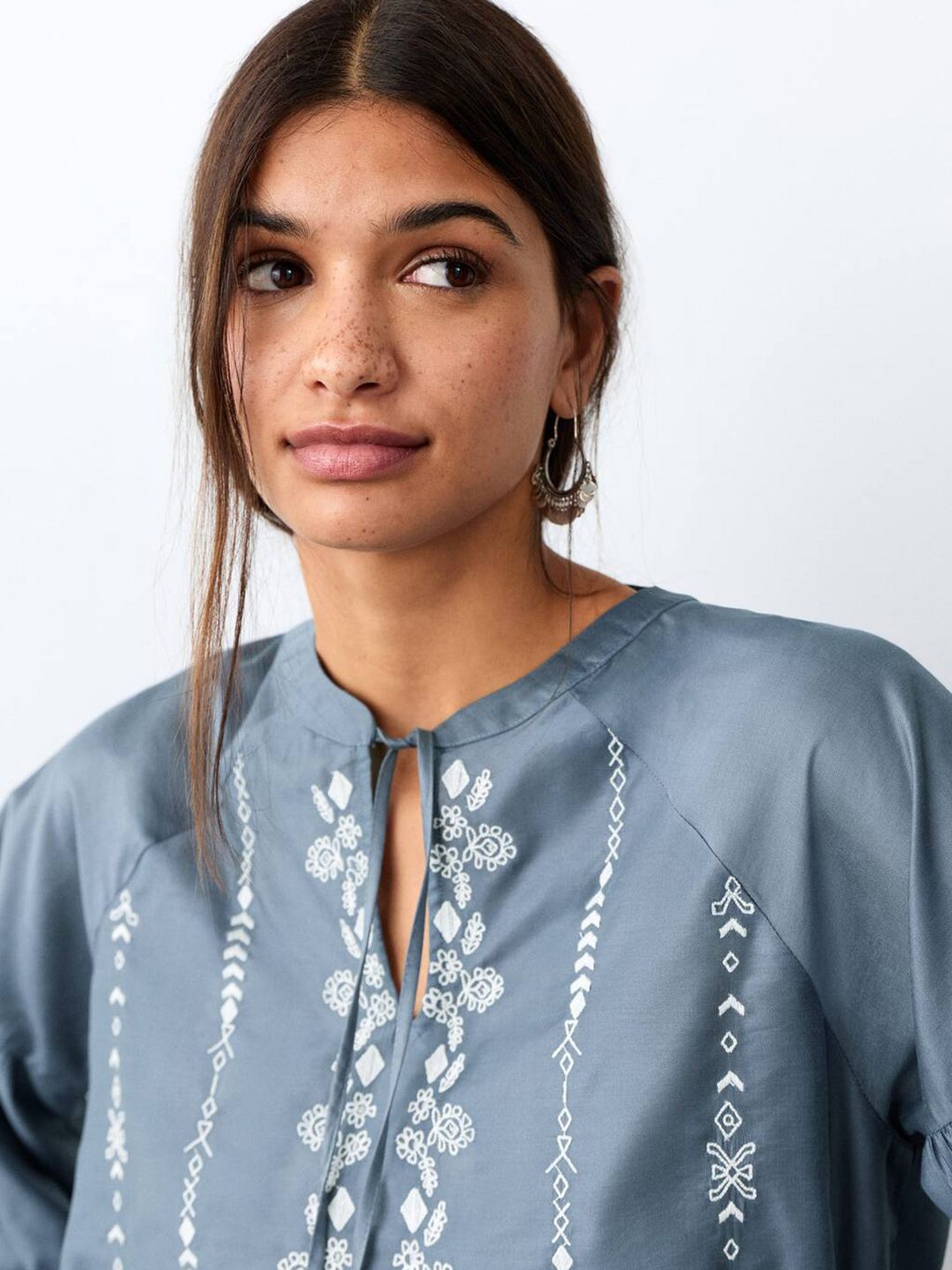 Embroidered Tie-Up Neck Top