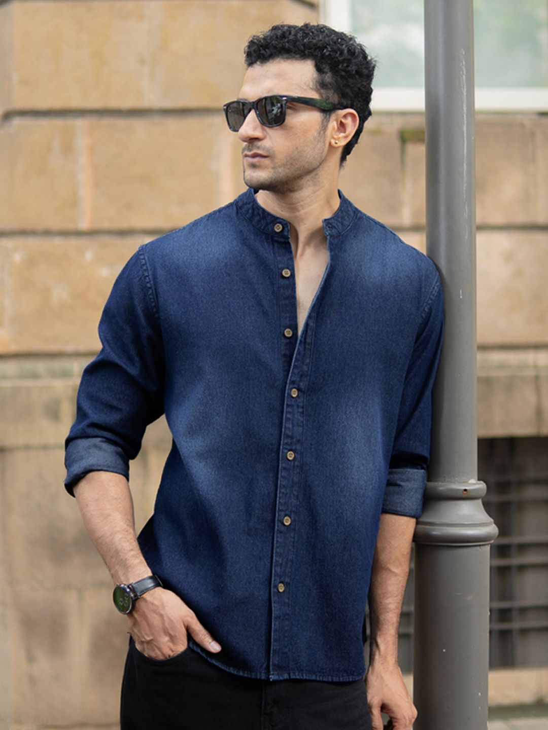 Buy Powerlook Band Collar Pure Cotton Denim Shirt - Shirts for Men