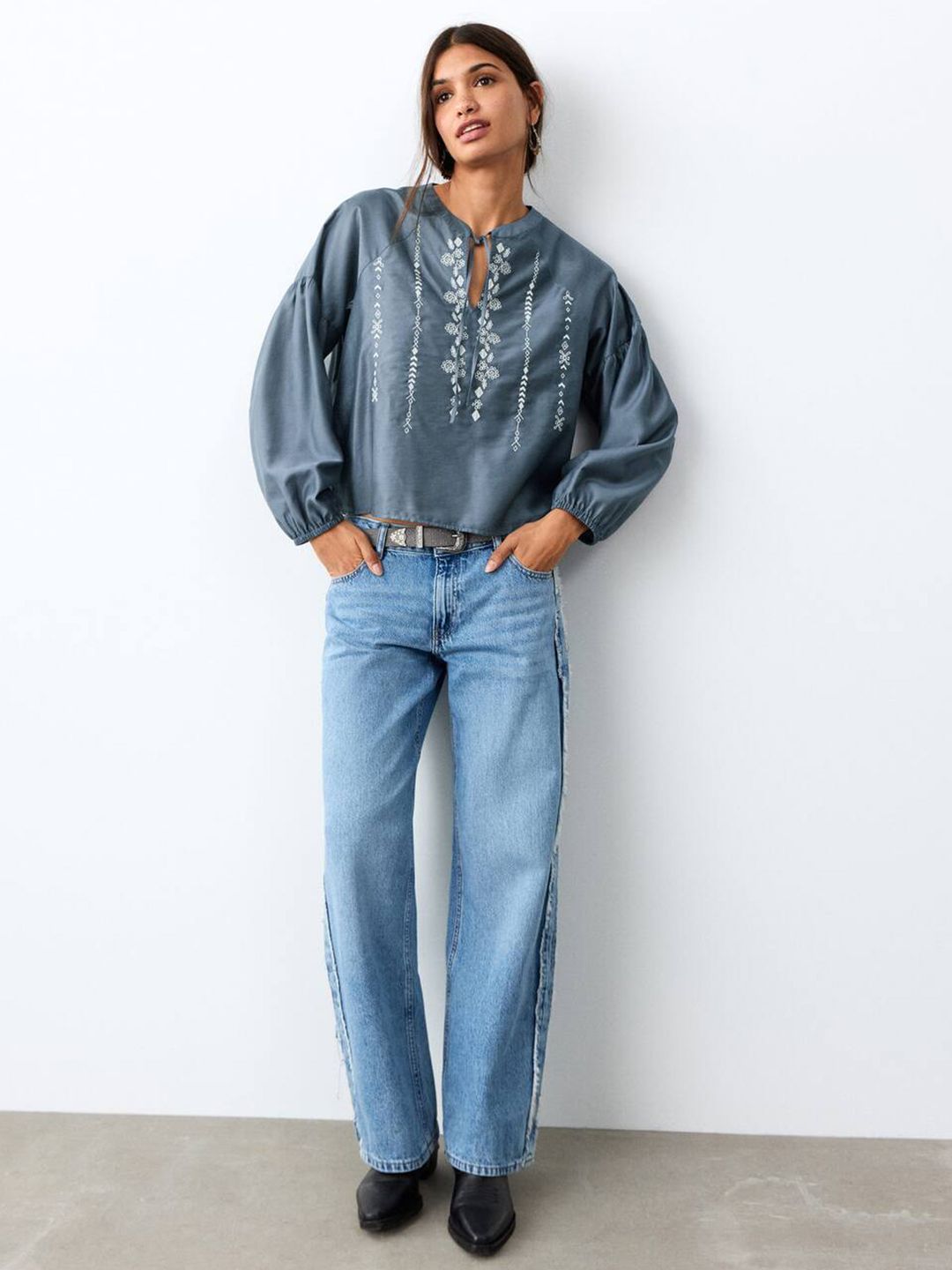 Embroidered Tie-Up Neck Top