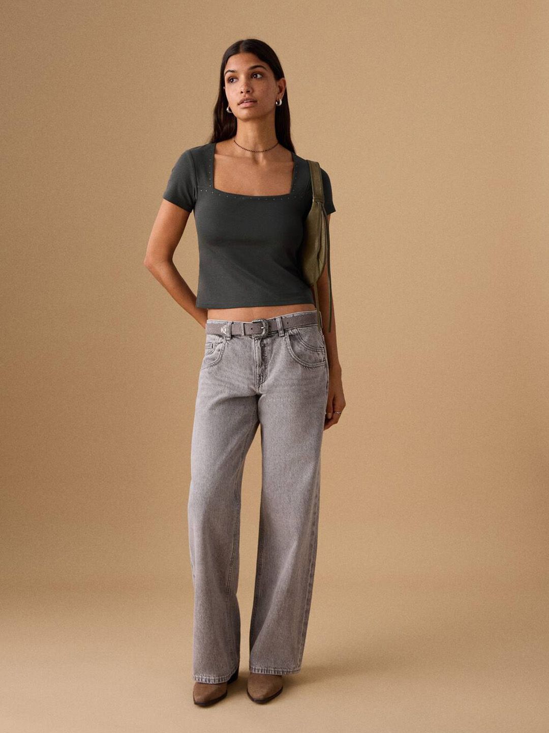 Square Neck Studded Detail Crop T-shirt