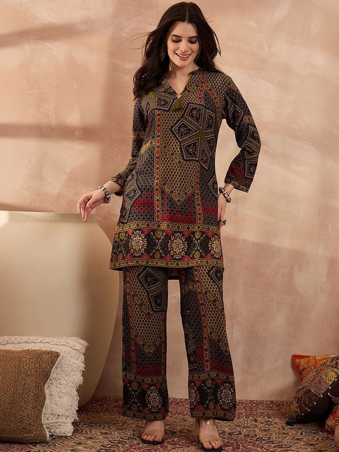 KALINI Printed Mandarin Collar Top & Trousers Co-Ords