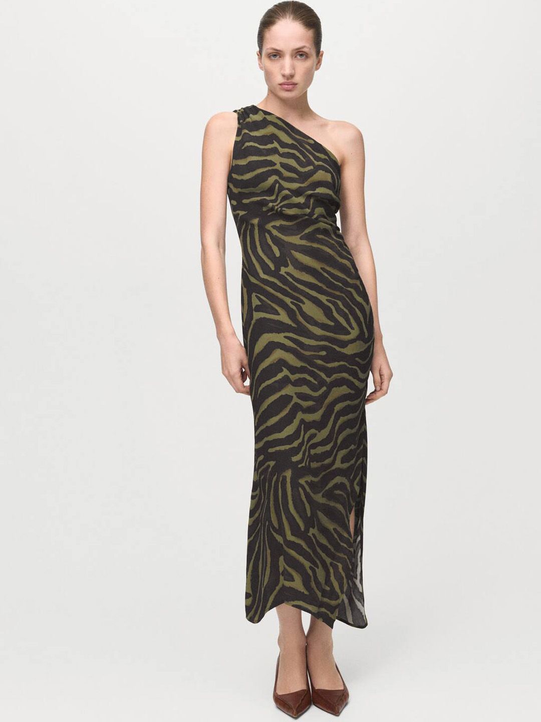 Animal Print One Shoulder Sheath Midi Dress