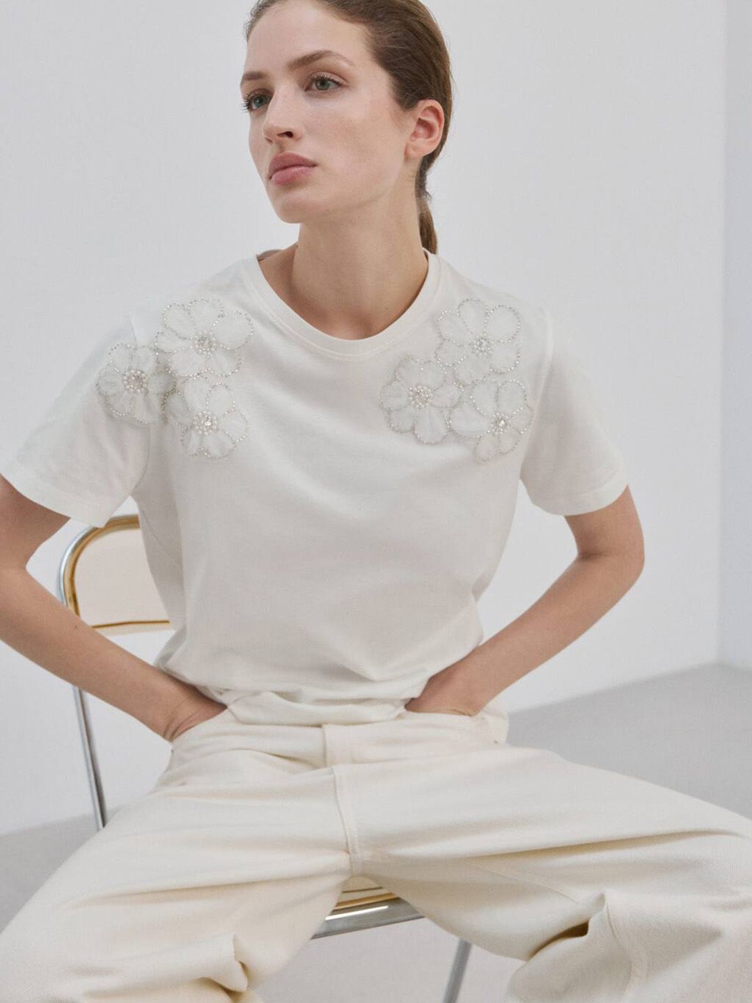 Pure Cotton Floral Embellished T-shirt