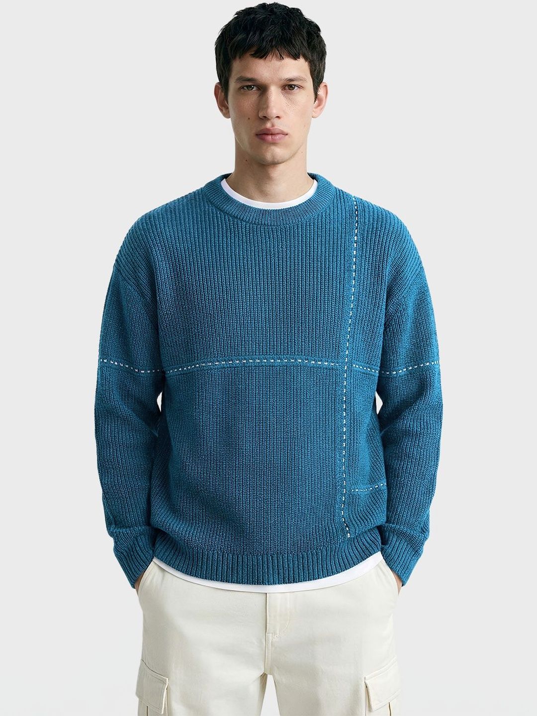The Indian Garage Co Men Colourblocked Ribbed Pullover with Embroidered Detail