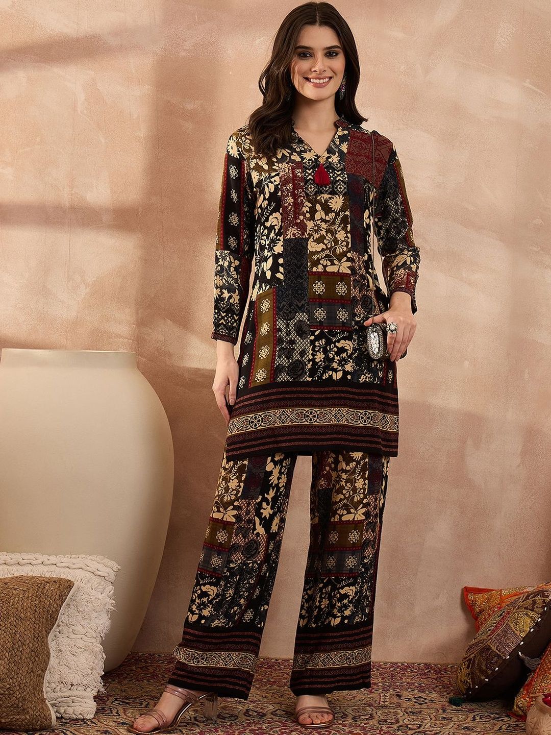 KALINI Printed Mandarin Collar Top & Trousers Co-Ords