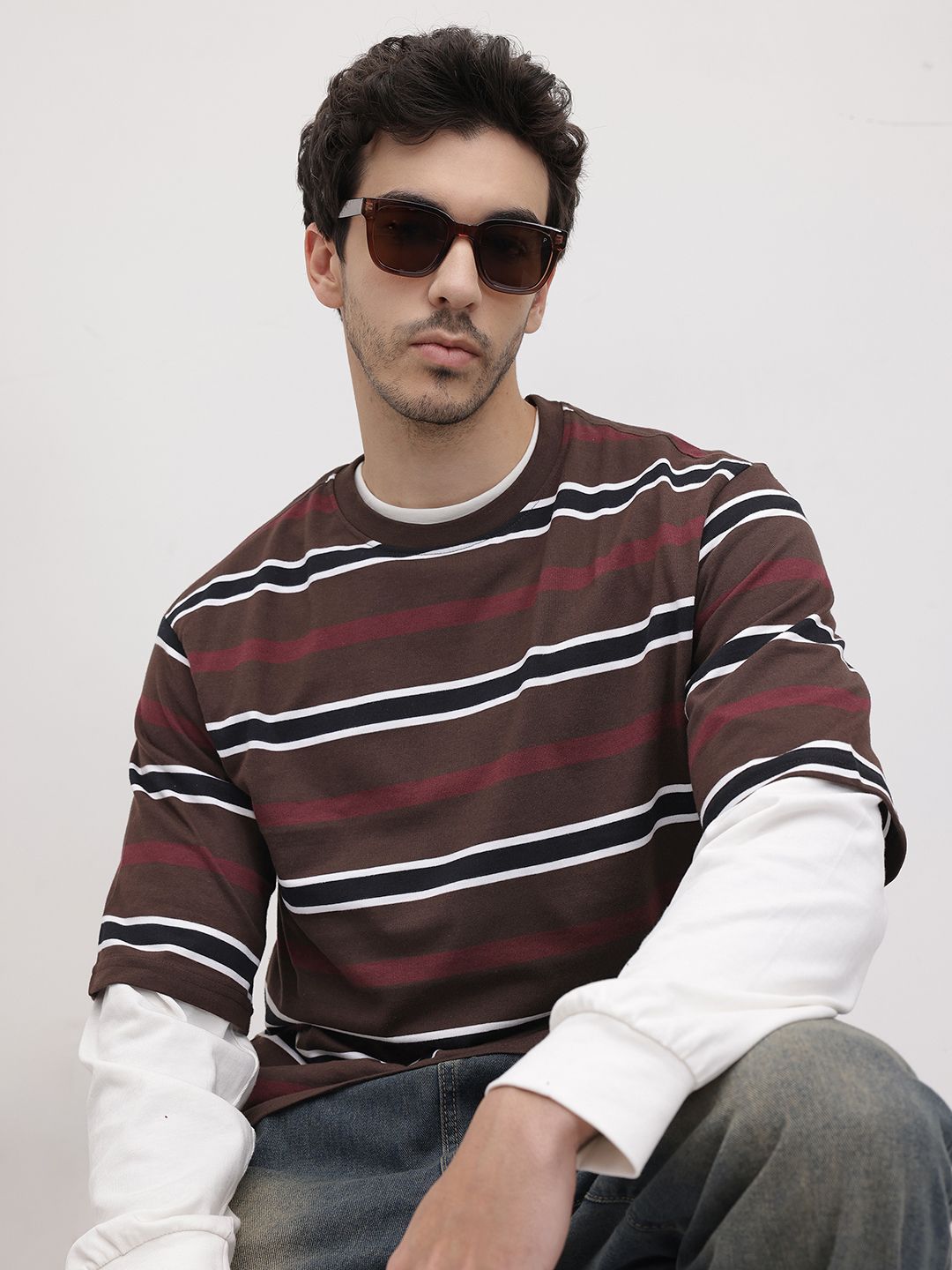 The Roadster Life Co. Striped Drop-Shoulder Sleeves Oversized T-shirt