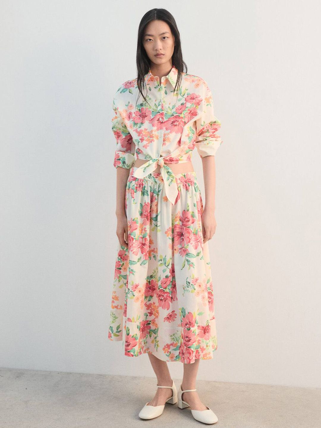 Floral Print Cotton Shirt Style Knotted Crop Top