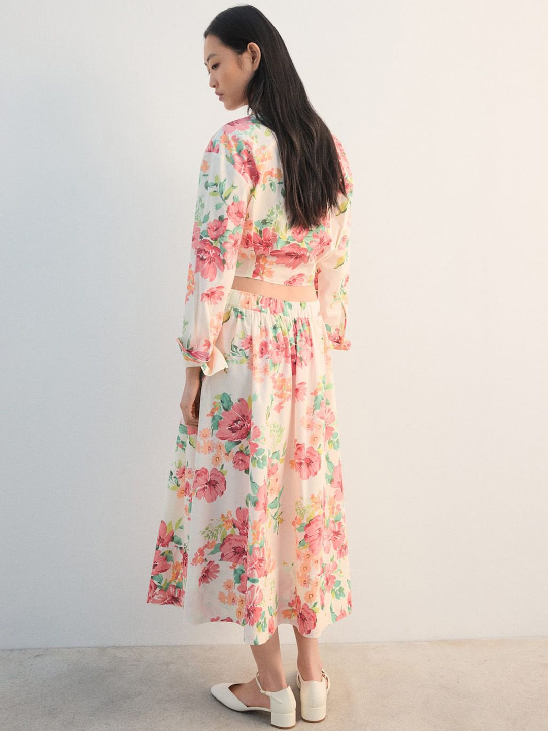Floral Print Cotton Shirt Style Knotted Crop Top