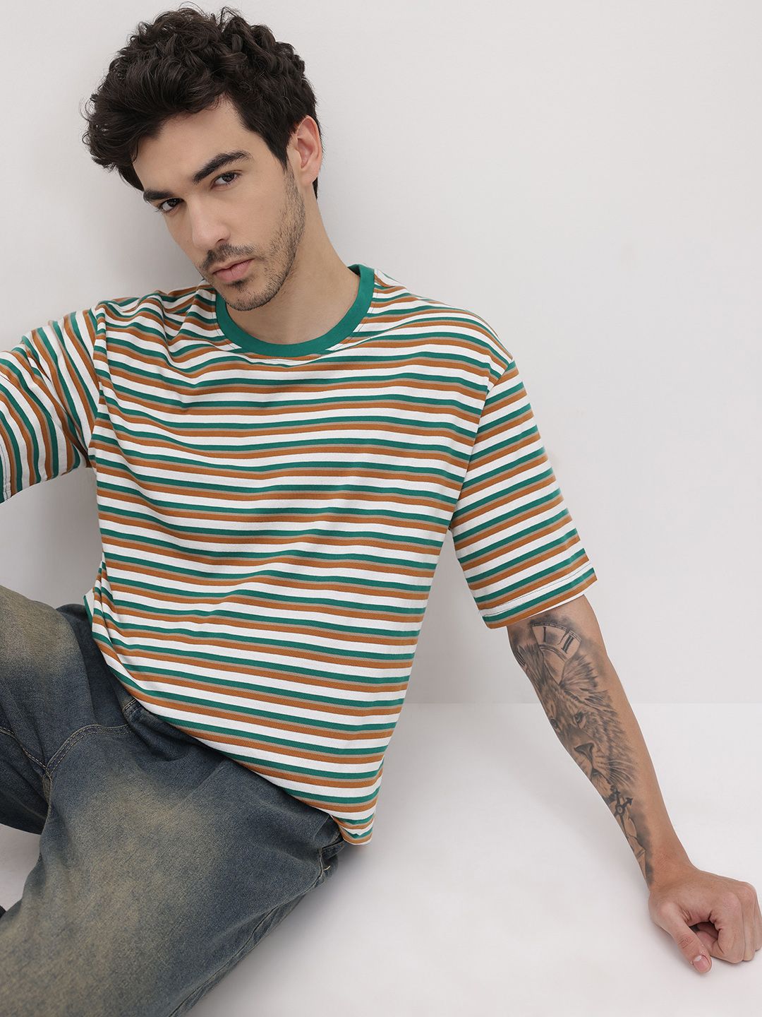 The Roadster Life Co. Striped Drop-Shoulder Sleeves Relaxed T-shirt