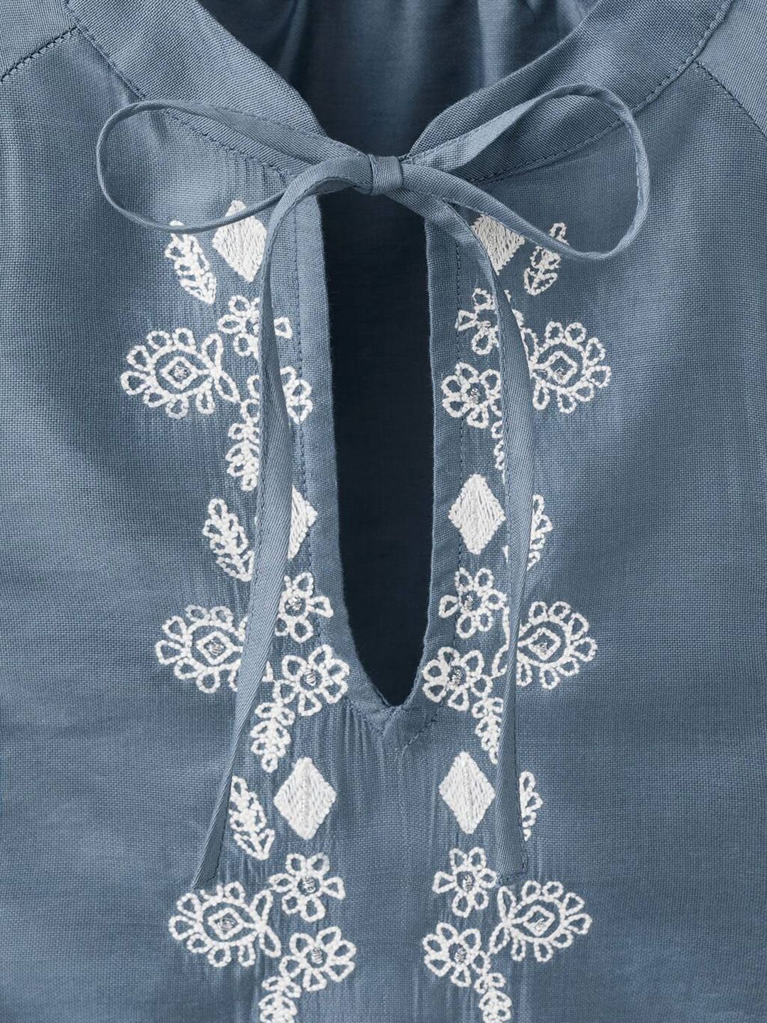 Embroidered Tie-Up Neck Top