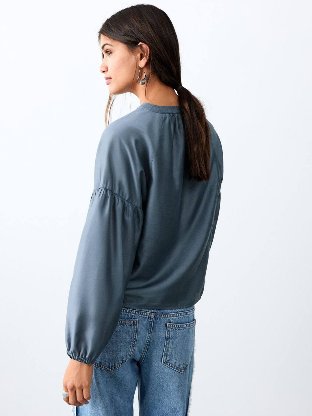 Embroidered Tie-Up Neck Top