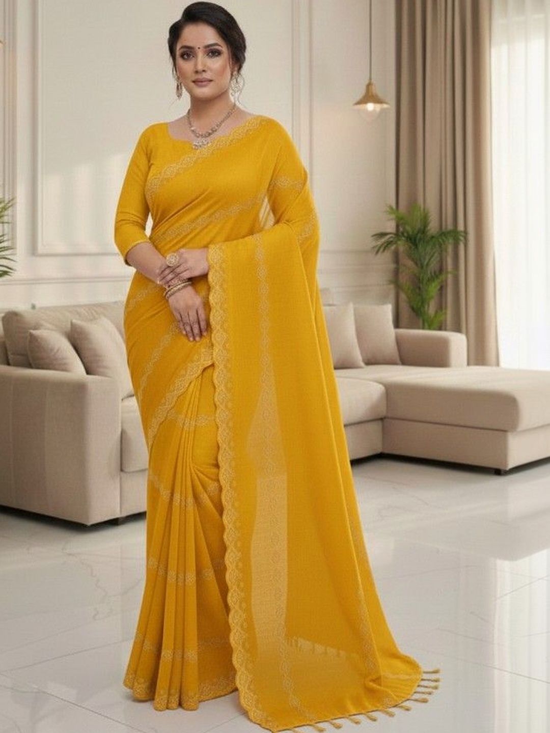 JANOI Woven Design Embroidered Poly Georgette Saree