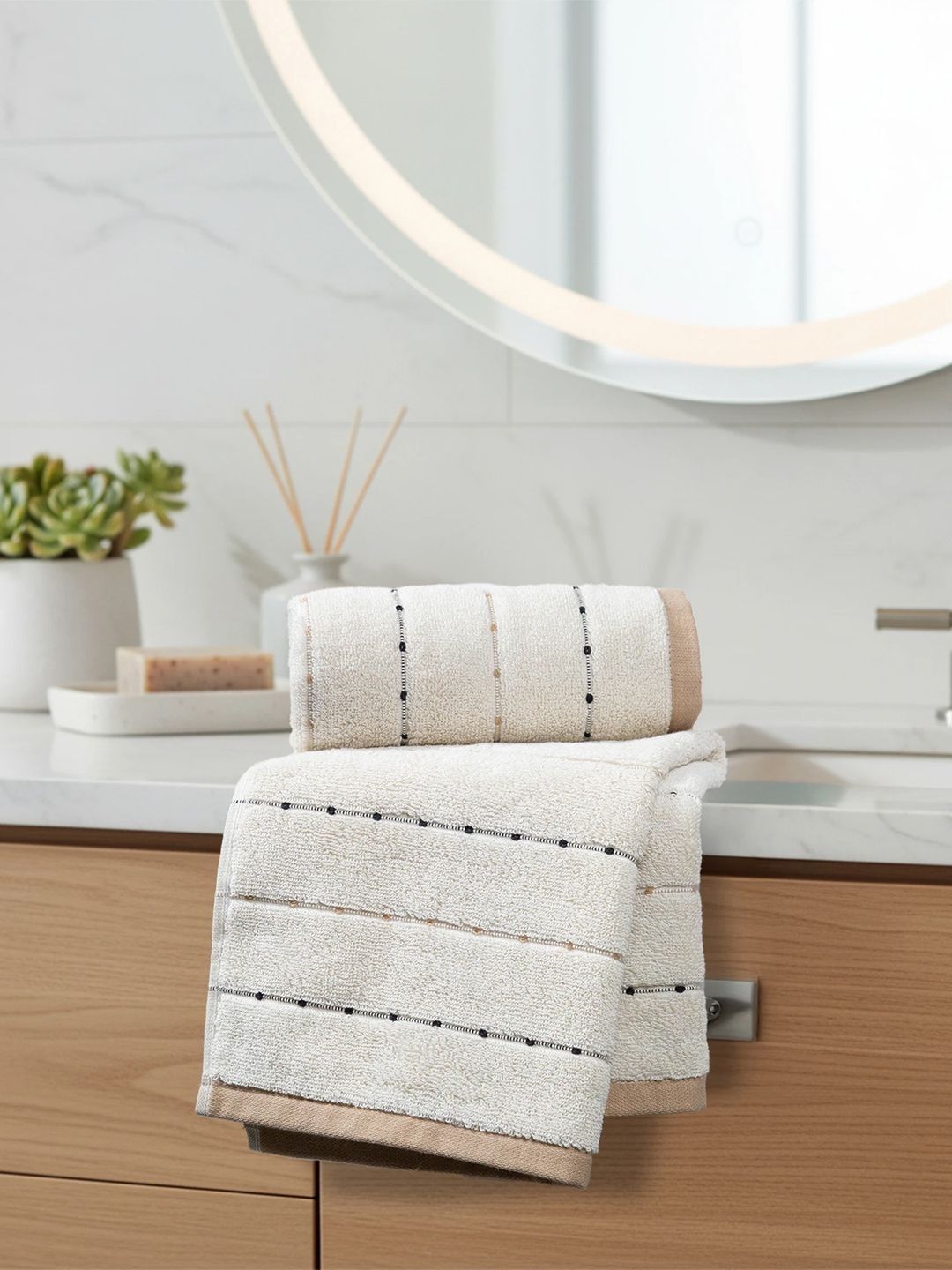 MYTRIDENT MYTRIDENT Symphony Of Threads 2Pcs White & Beige Striped Pure Cotton Hand Towels