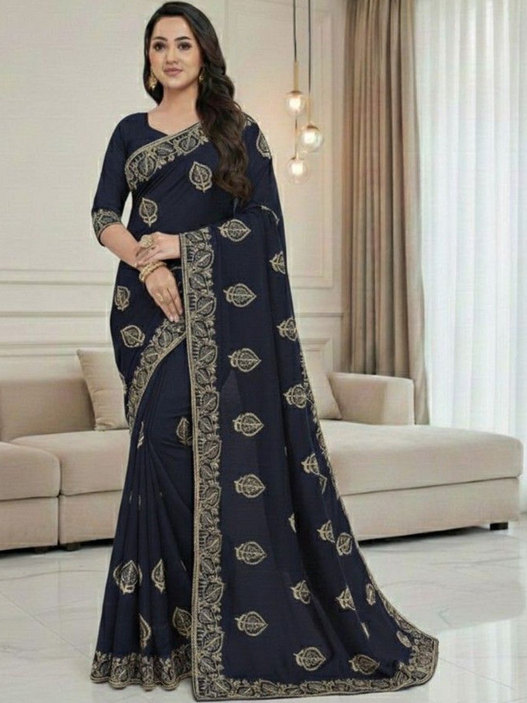 JANOI Ethnic Motifs Embroidered Poly Georgette Heavy Work Saree
