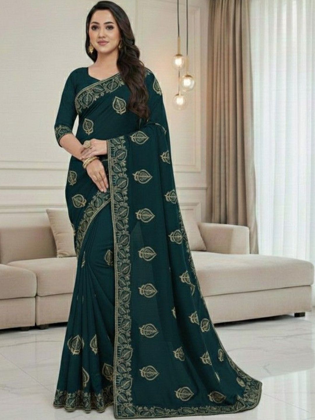 JANOI Ethnic Motifs Embroidered Poly Georgette Heavy Work Saree