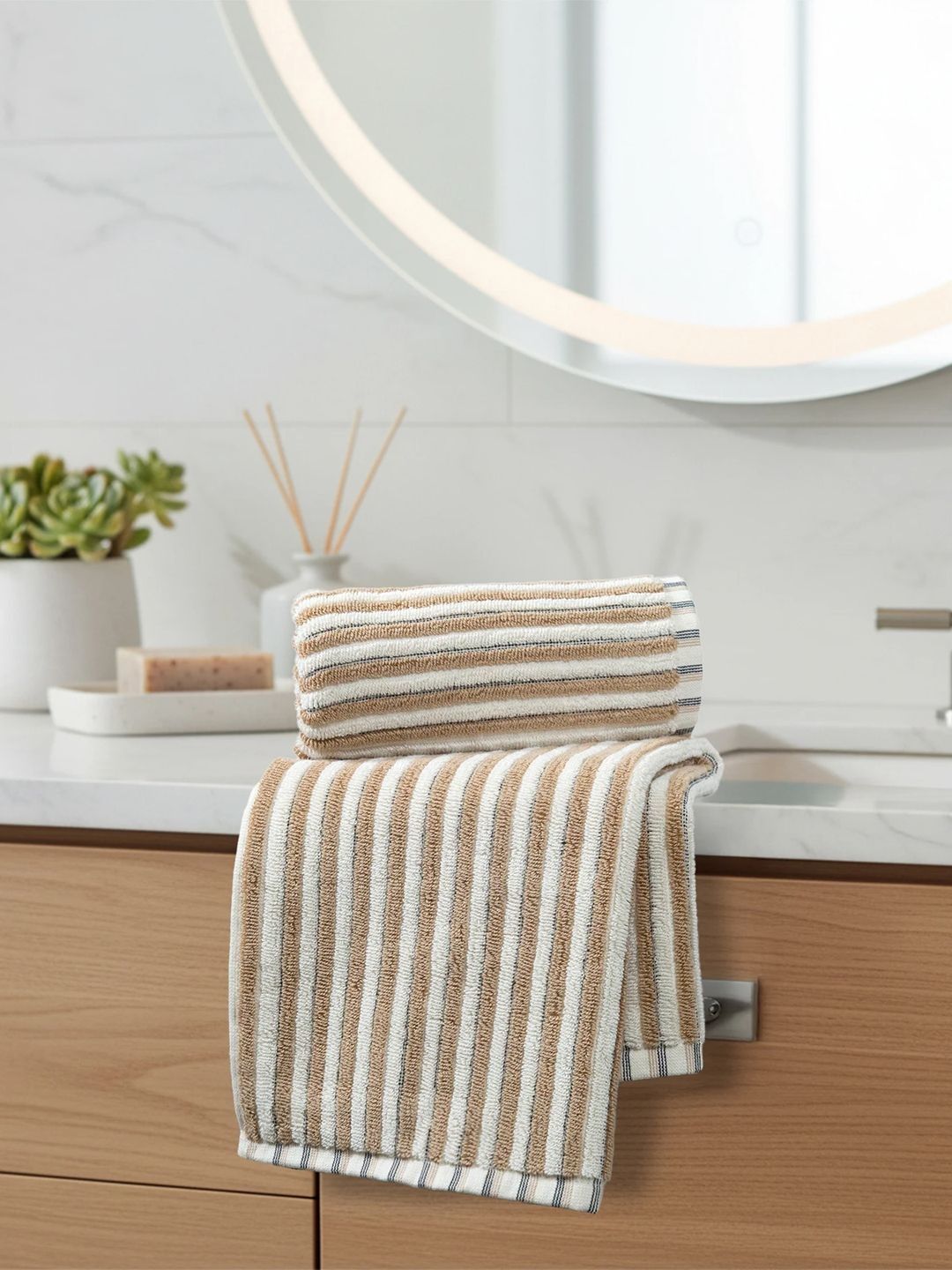 MYTRIDENT MYTRIDENT Symphony Of Threads 2Pcs White & Brown Striped 625 GSM Pure Cotton Hand Towels