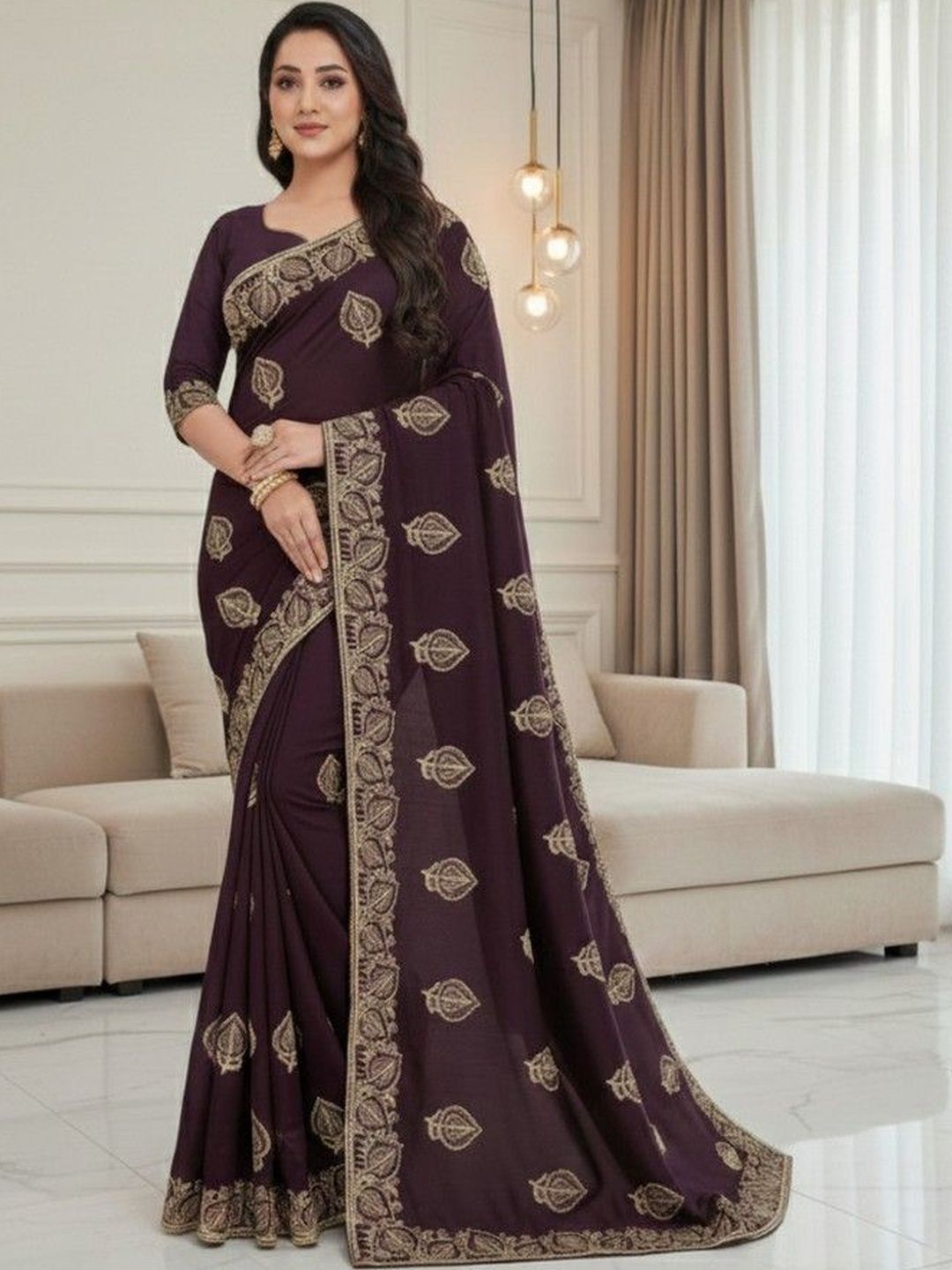JANOI Ethnic Motifs Embroidered Poly Georgette Heavy Work Saree