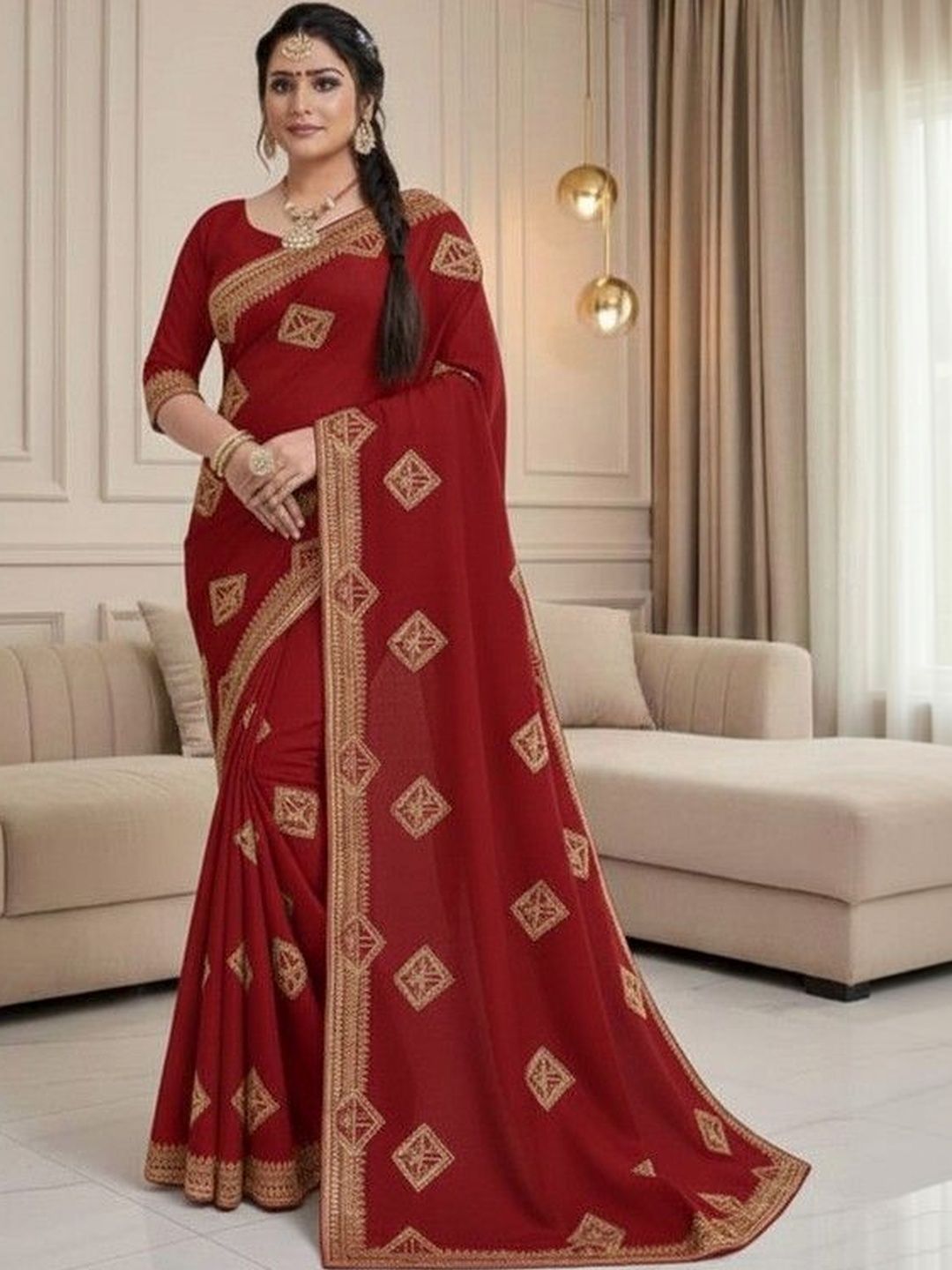 JANOI Ethnic Motifs Embroidered Satin Heavy Work Saree
