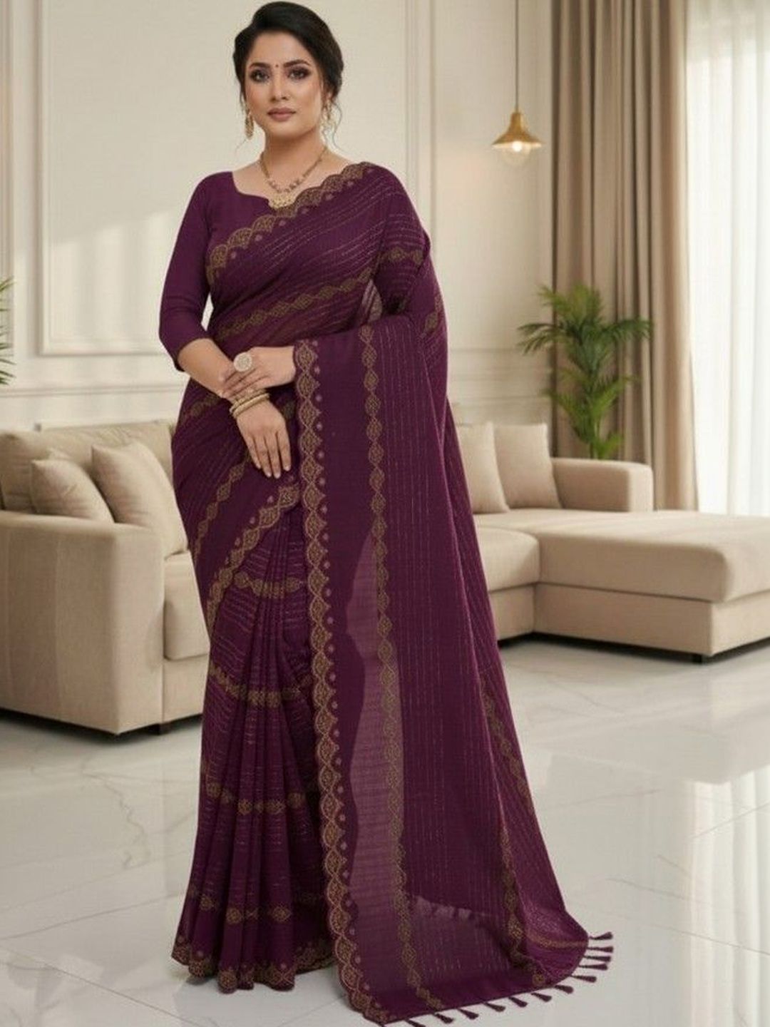 JANOI Woven Design Embroidered Poly Georgette Saree