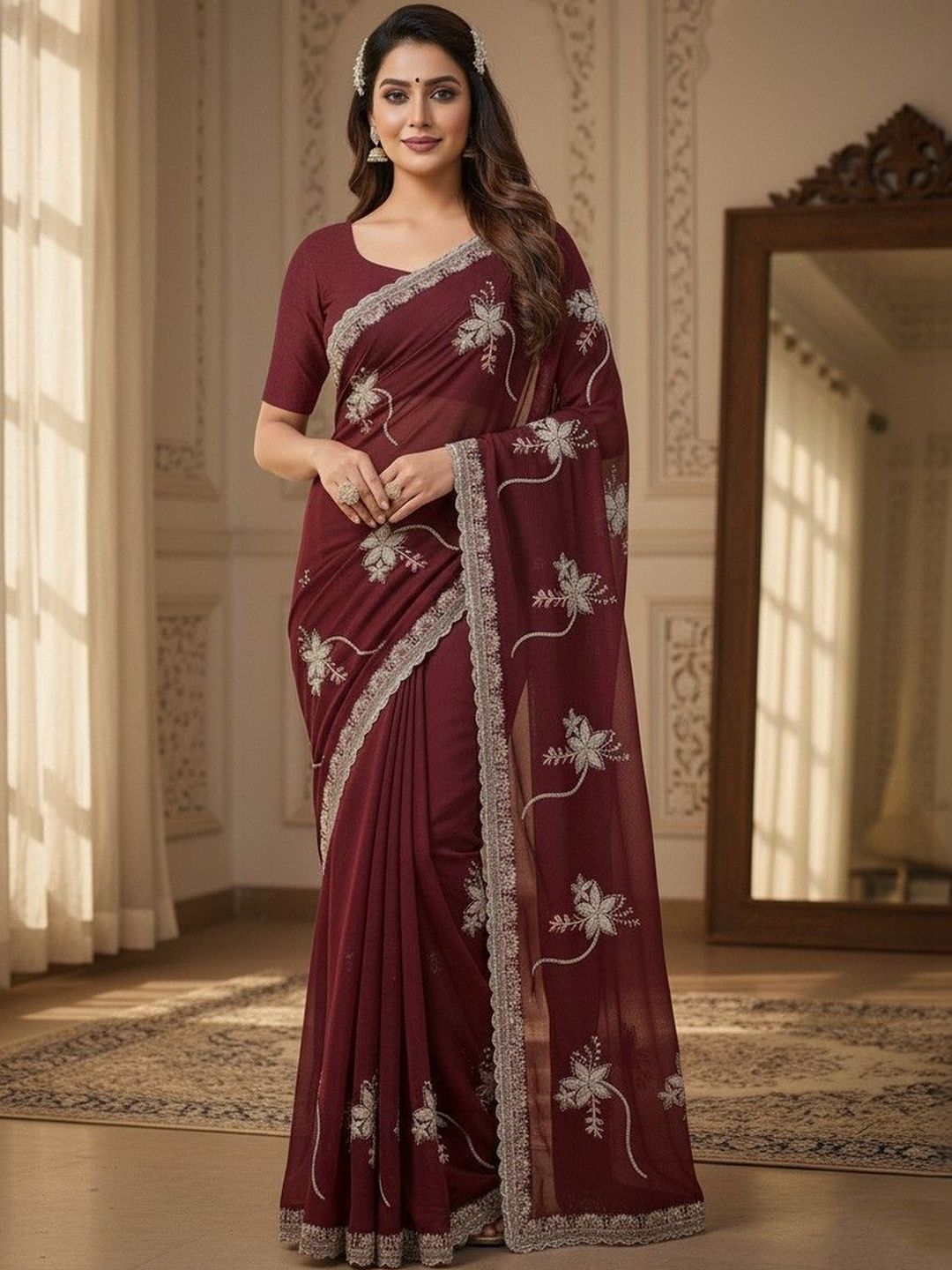 JANOI Floral Embroidered Poly Georgette Heavy Work Saree