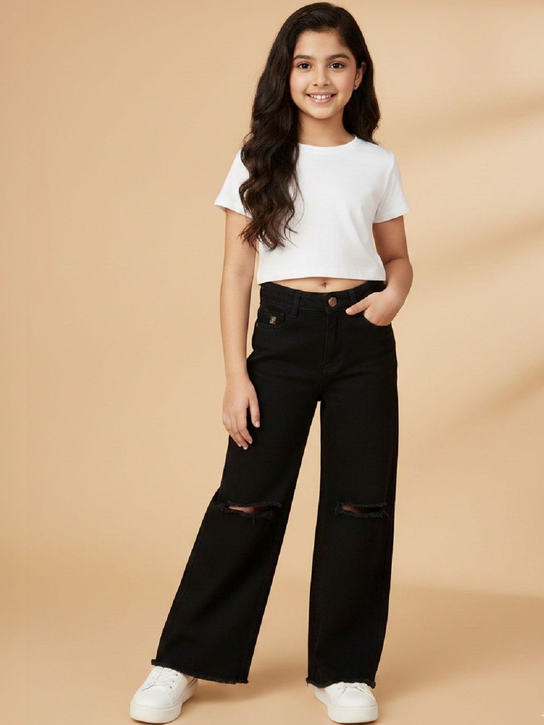 Knit N Knot Girls Wide Leg High-Rise Mildly Distressed Jeans