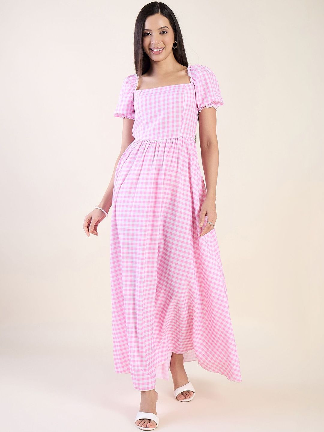 aayu Checked Puff Sleeve Fit & Flare Maxi Dress