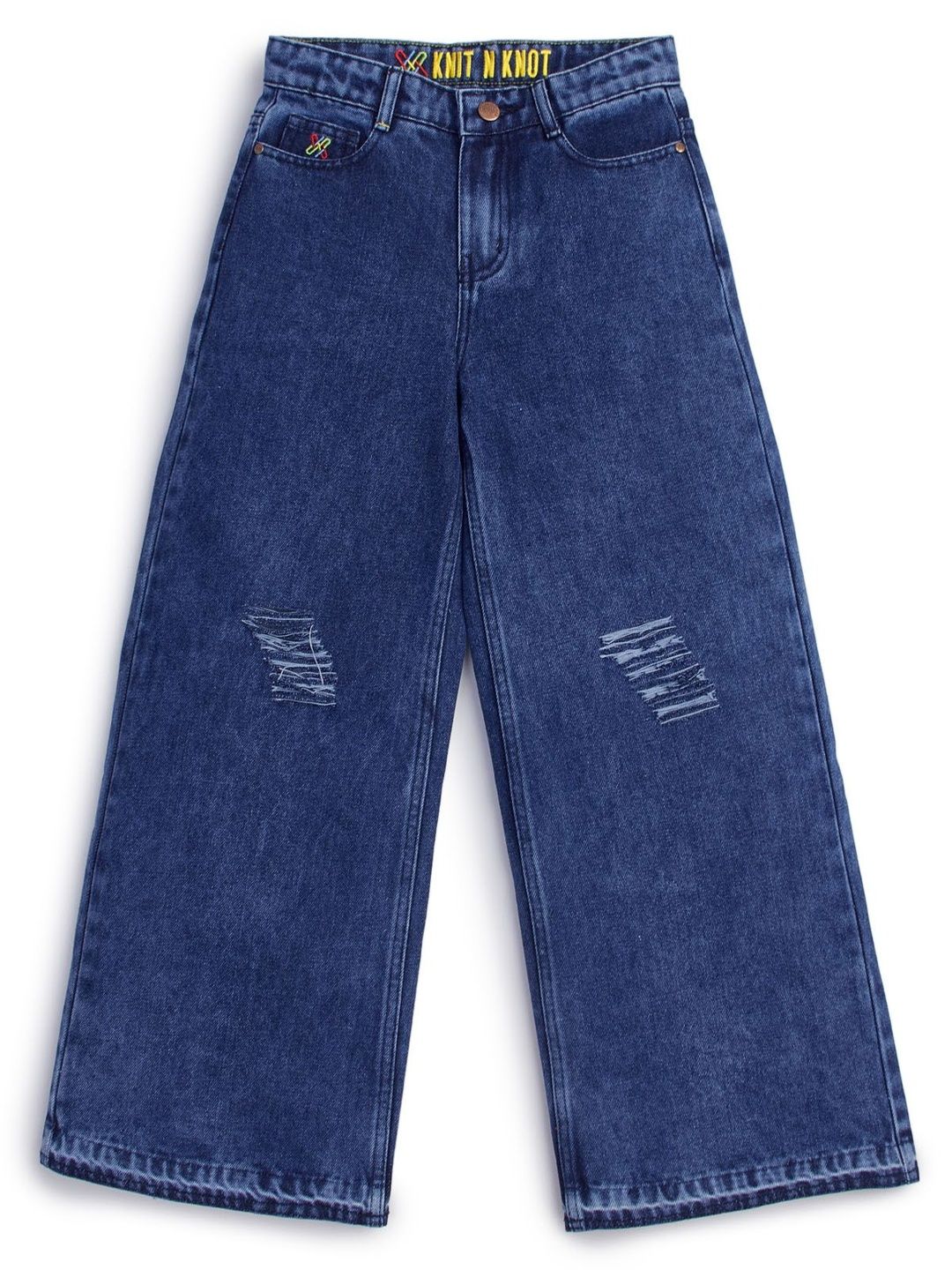Knit N Knot Girls Wide Leg High-Rise Mildly Distressed Light Fade Jeans