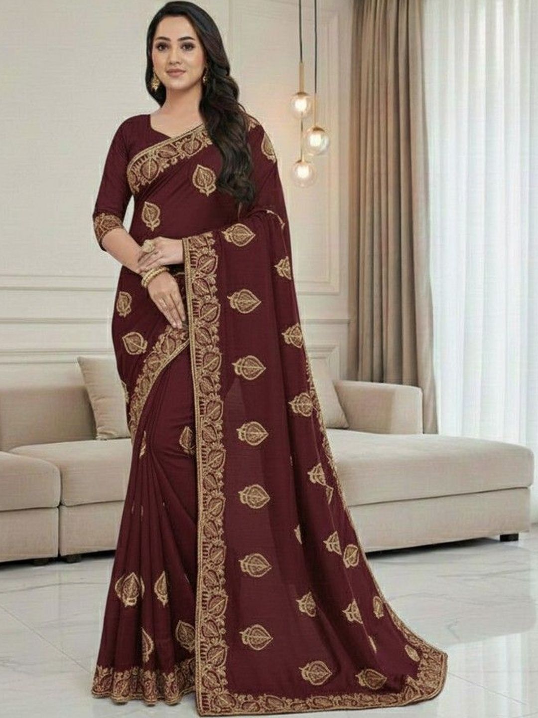 JANOI Ethnic Motifs Embroidered Poly Georgette Heavy Work Saree