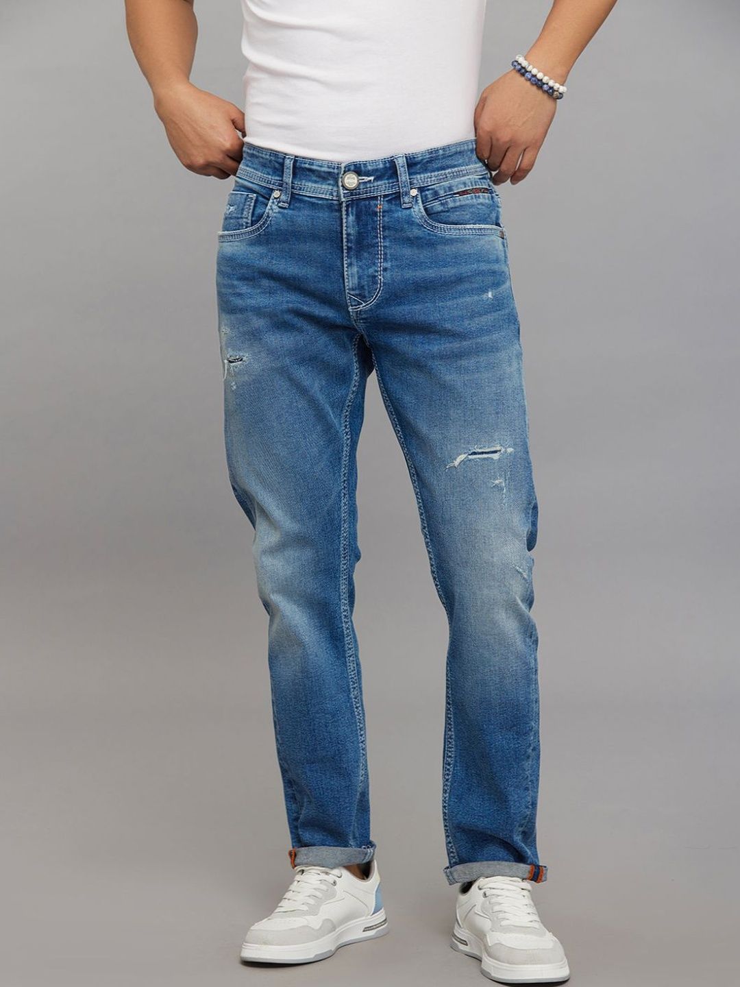Rookies Men Skinny Fit Low-Rise Mildly Distressed Light Fade Stretchable Jeans