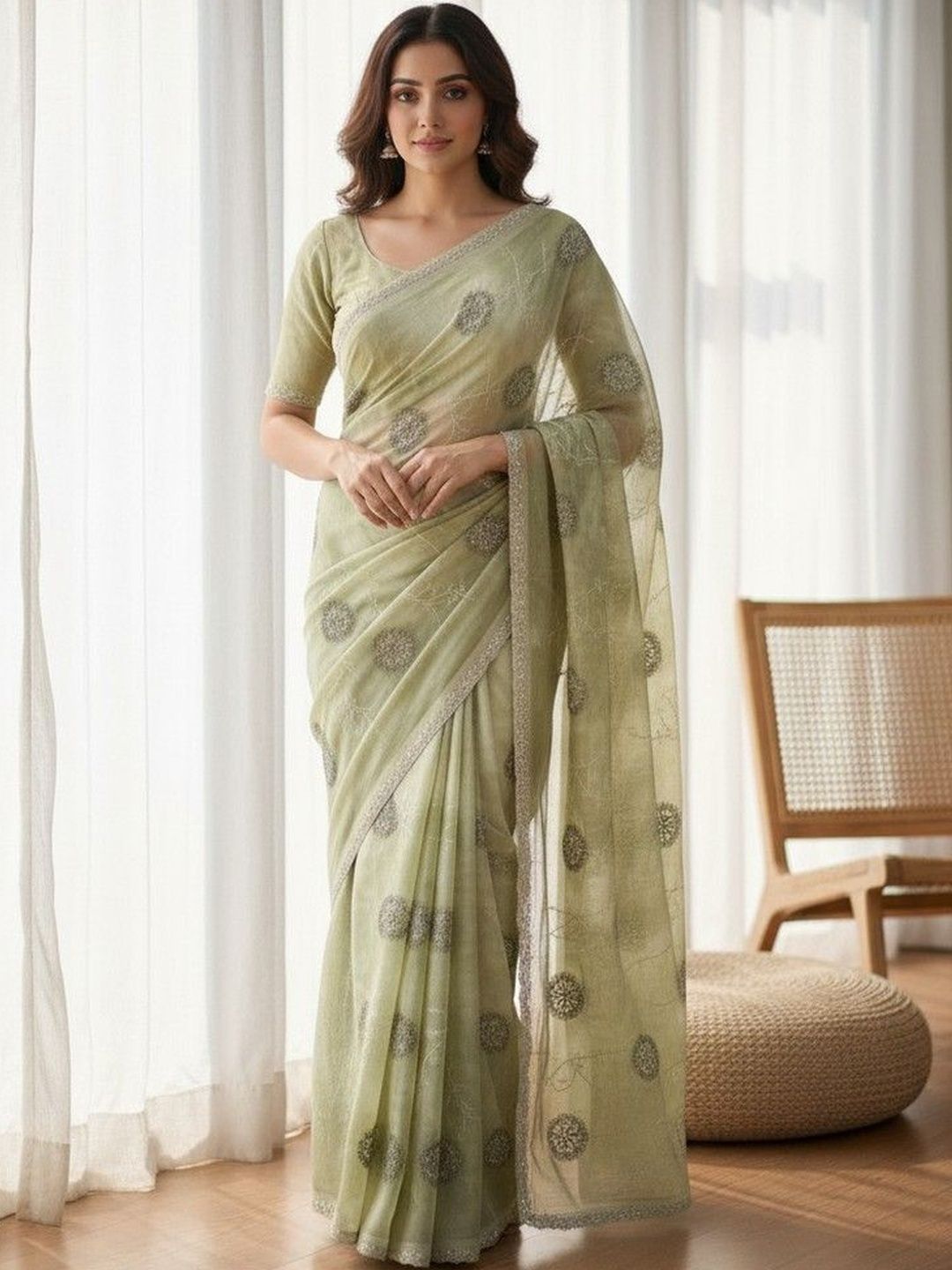 JANOI Ethnic Motifs Embroidered Poly Georgette Saree