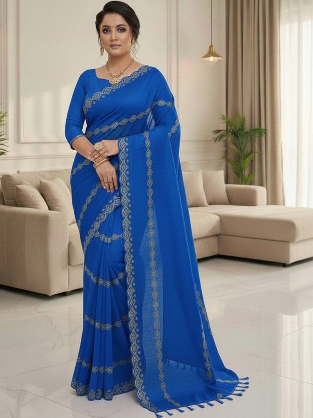 JANOI Woven Design Embroidered Poly Georgette Saree