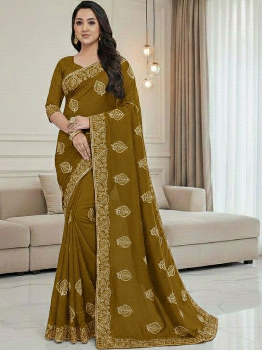 JANOI Ethnic Motifs Embroidered Poly Georgette Designer Saree
