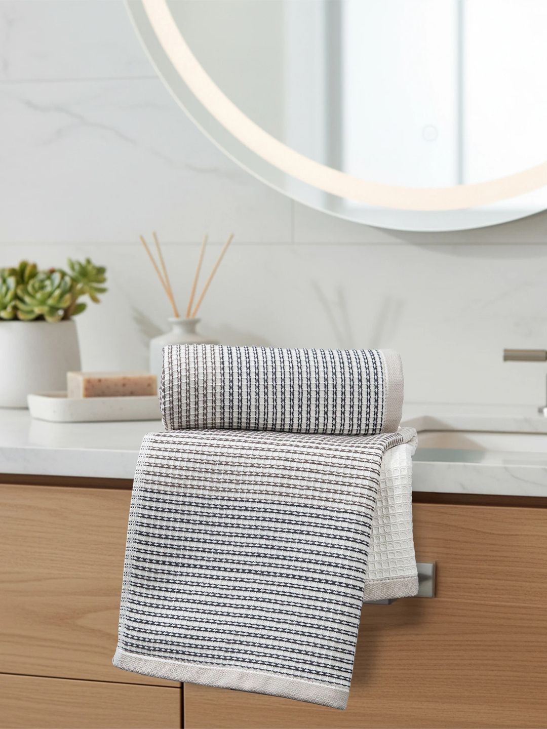 MYTRIDENT MYTRIDENT Symphony Of Threads 2Pcs White & Grey Striped 625 GSM Pure Cotton Hand Towels