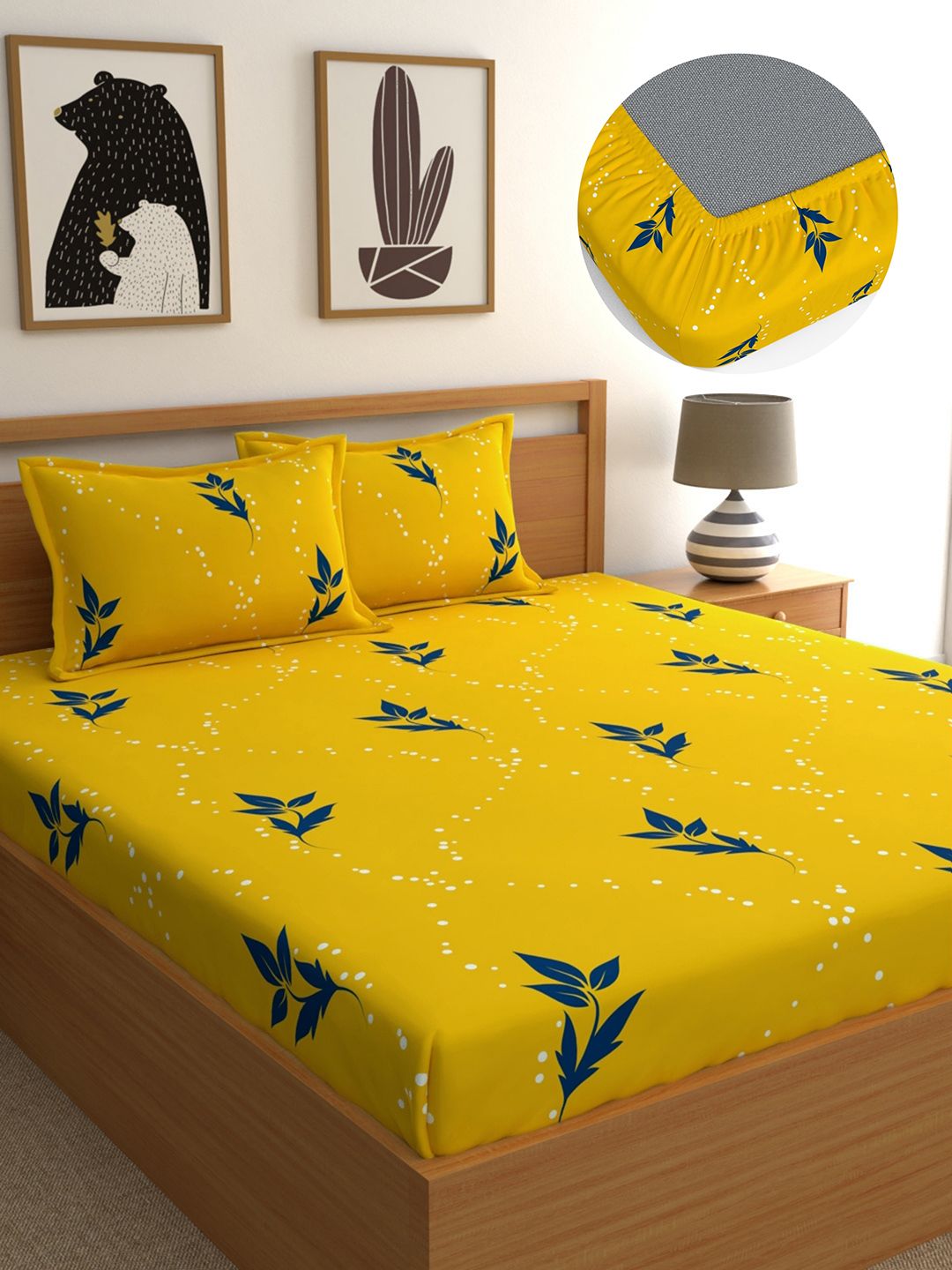 Home Ecstasy Mustard Leaf Pure Cotton 140 TC Fitted King Bedsheet with 2 Pillow Covers-87 x 93 inches