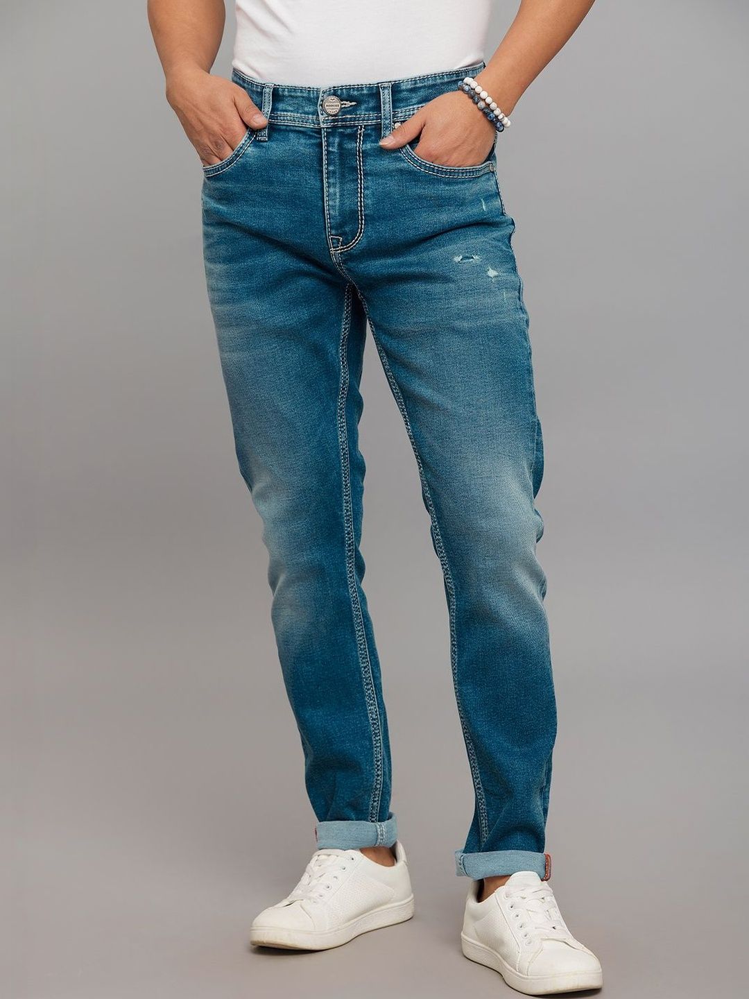 Rookies Men Skinny Fit Low-Rise Mildly Distressed Light Fade Stretchable Jeans