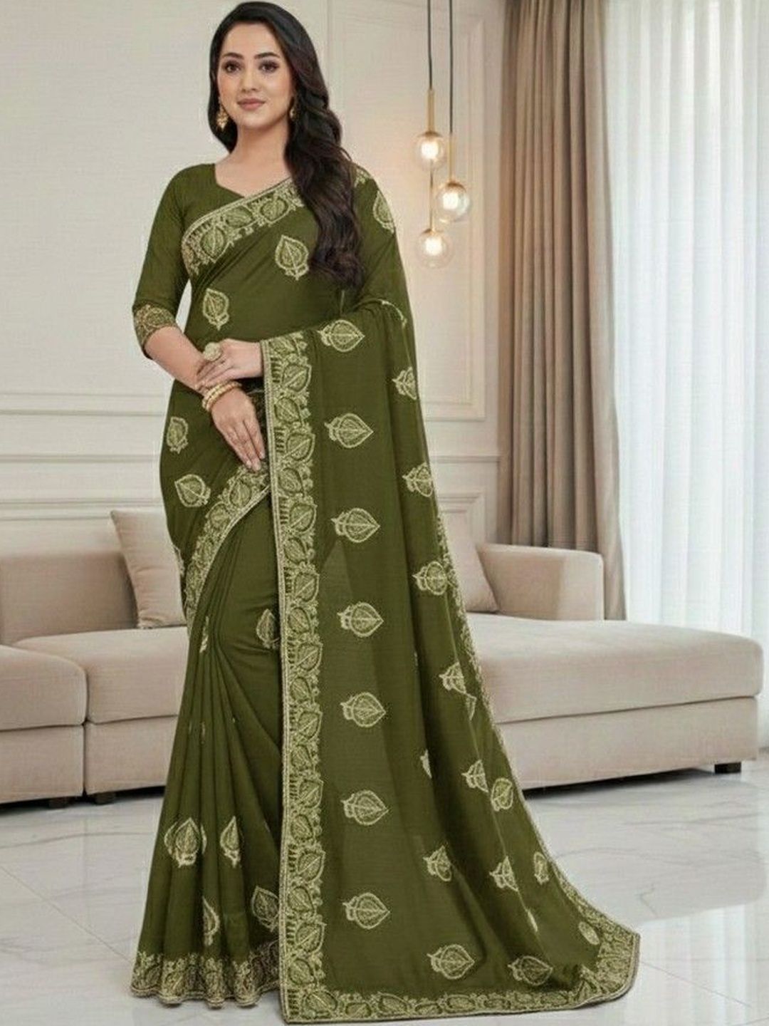 JANOI Ethnic Motifs Embroidered Poly Georgette Heavy Work Saree