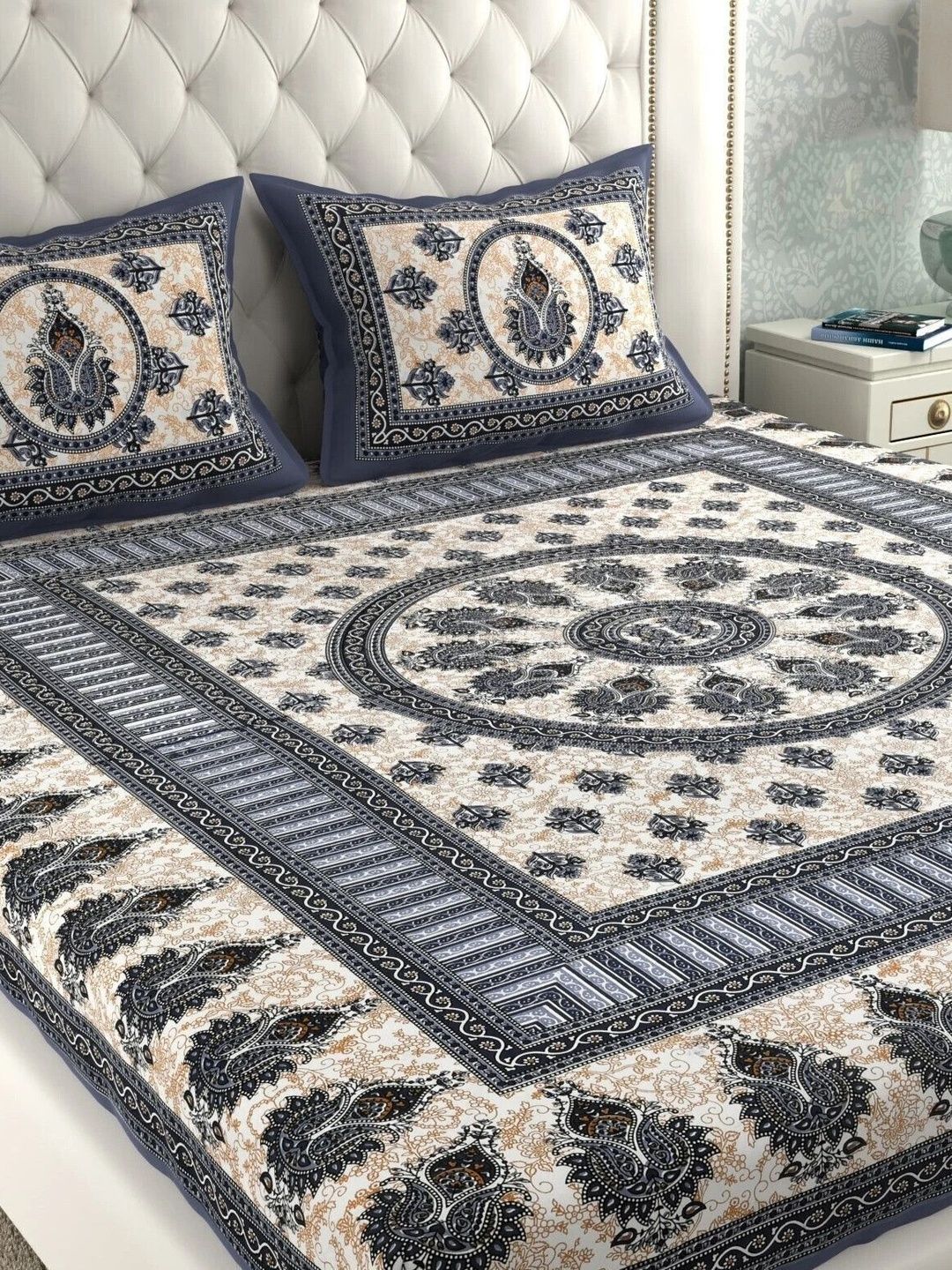 Maa Collection White Ethnic Motifs 144 TC Bedsheet with 2 Pillow Covers