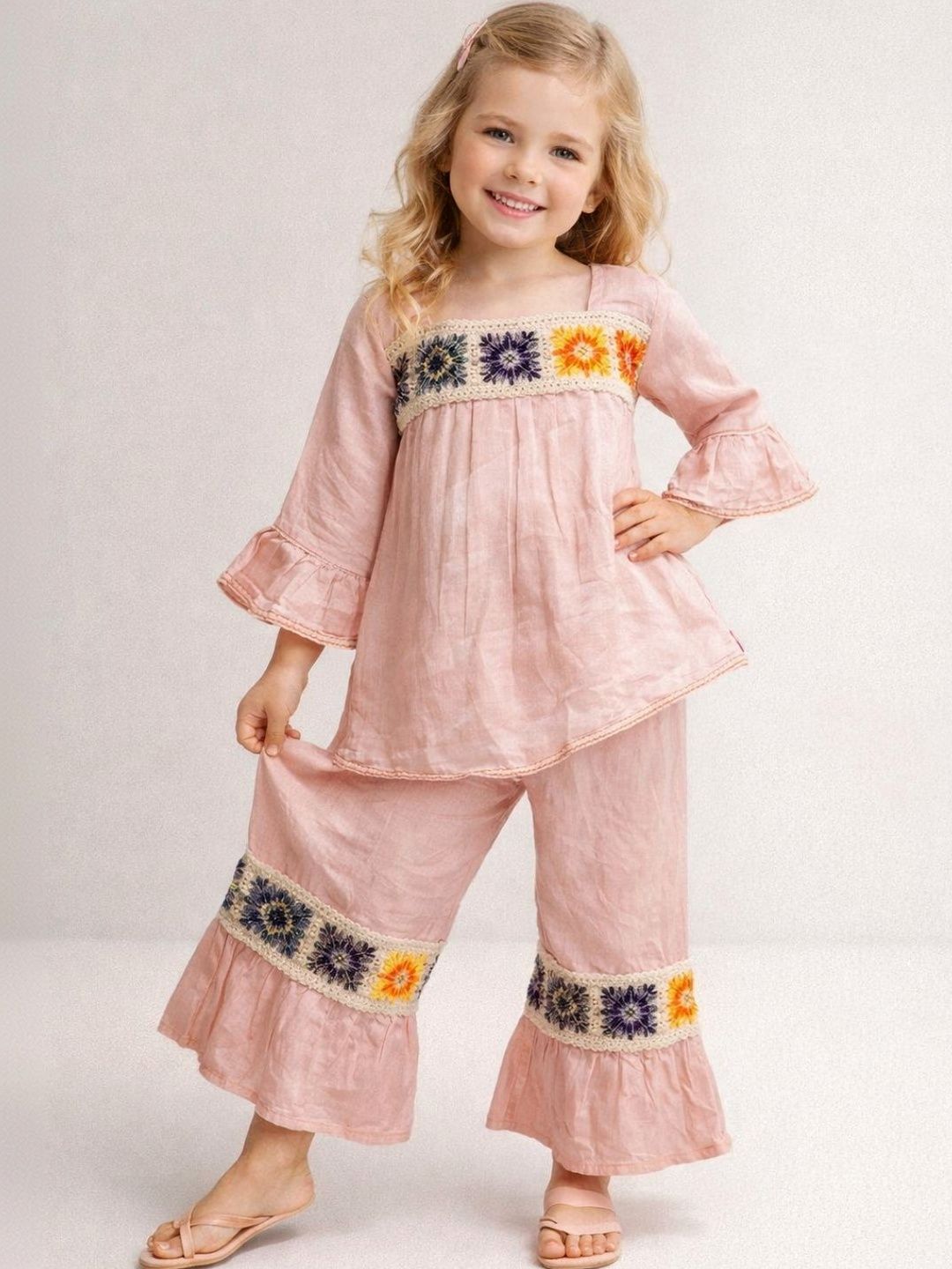 HOUSE OF IQF Girls Ethnic Motifs Yoke Design Regular Thread Work Pure Cotton Kurti with Trousers